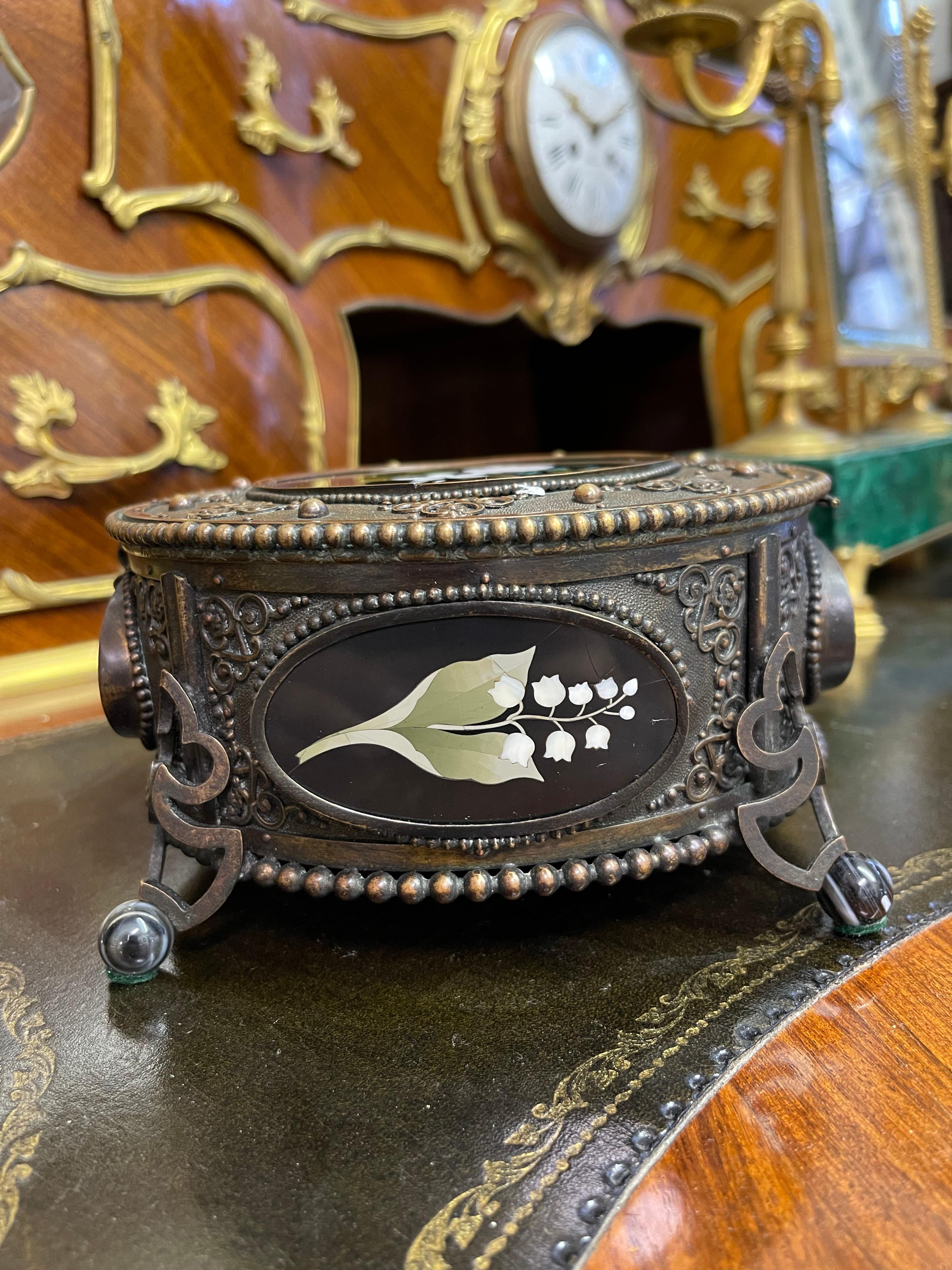 Hand-Crafted Patinated Bronze & Pietra Dura Decorative Box, Italy circa 1880 For Sale