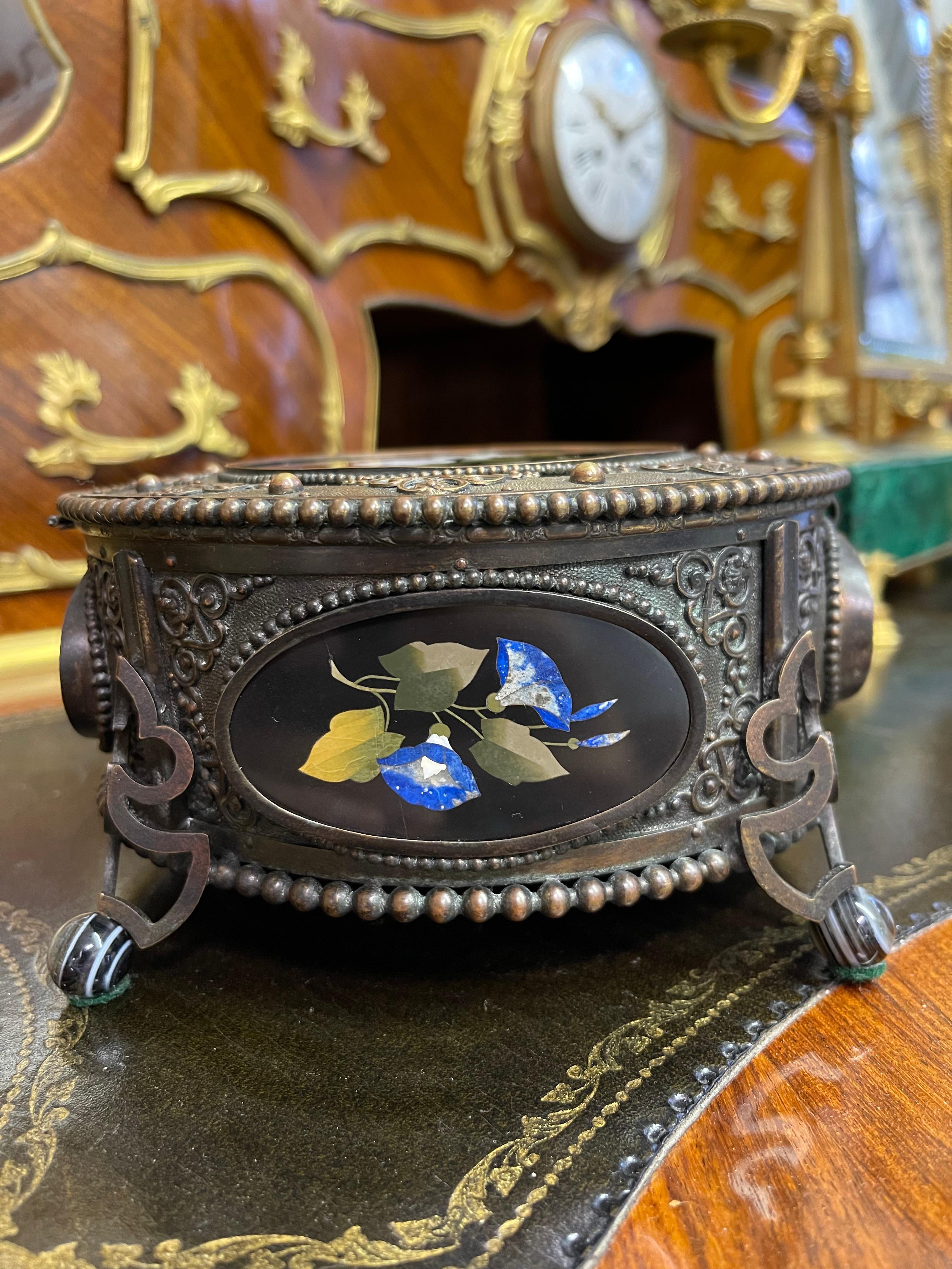 19th Century Patinated Bronze & Pietra Dura Decorative Box, Italy circa 1880 For Sale