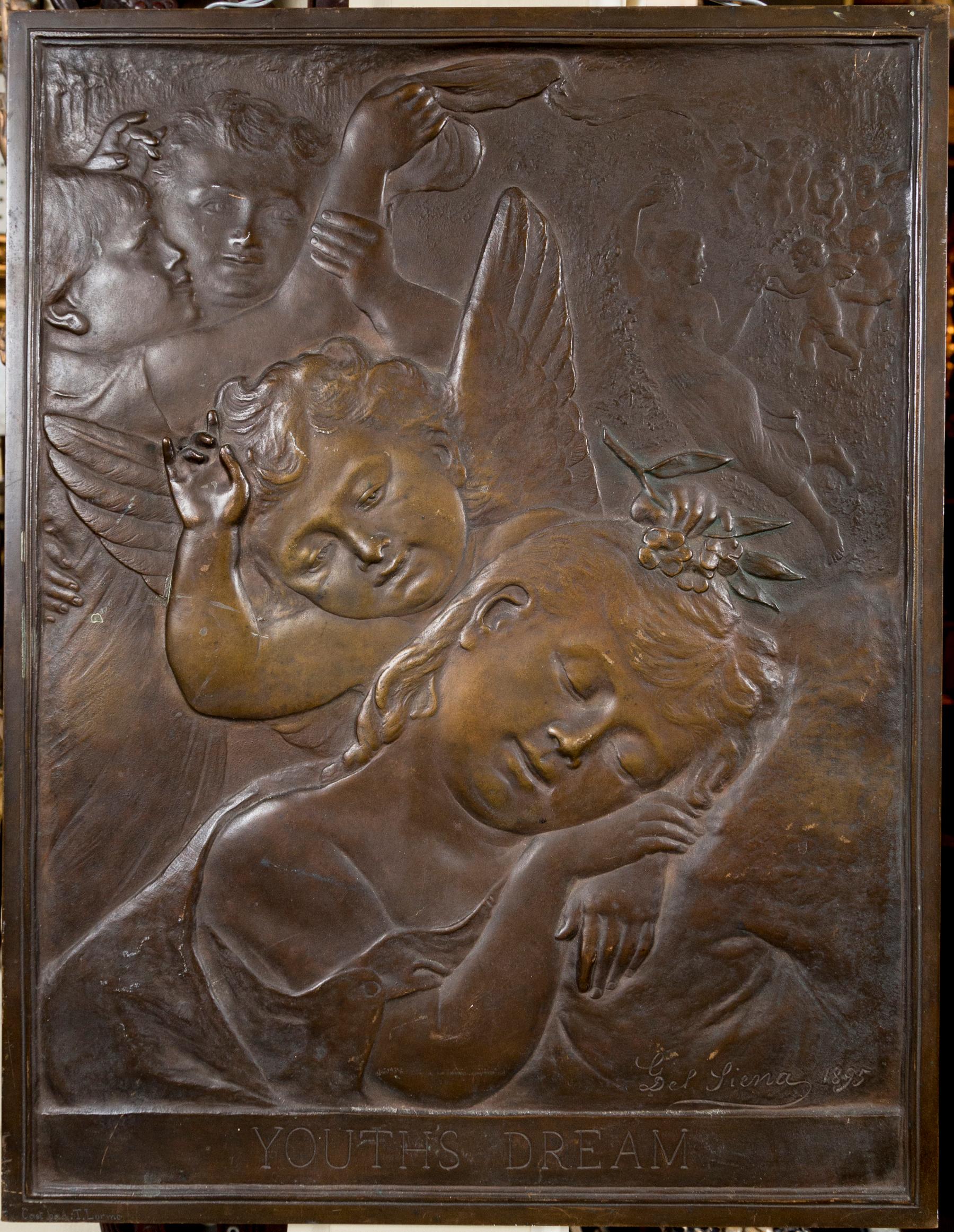 This plaque is entitled Youth Dreams and is signed in the lower right del(?) Siena 1895
Done in raised relief, it depicts children and putto, sleeping and awake in their dreams.
It is self-framed. 
 