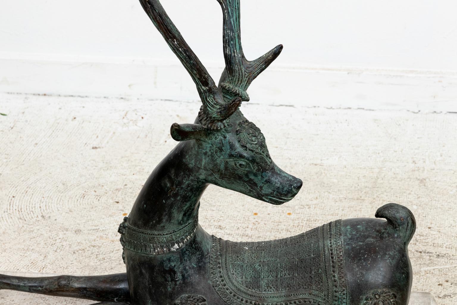 Mid-Century Modern Patinated Bronze Reclining Deer Sculpture For Sale