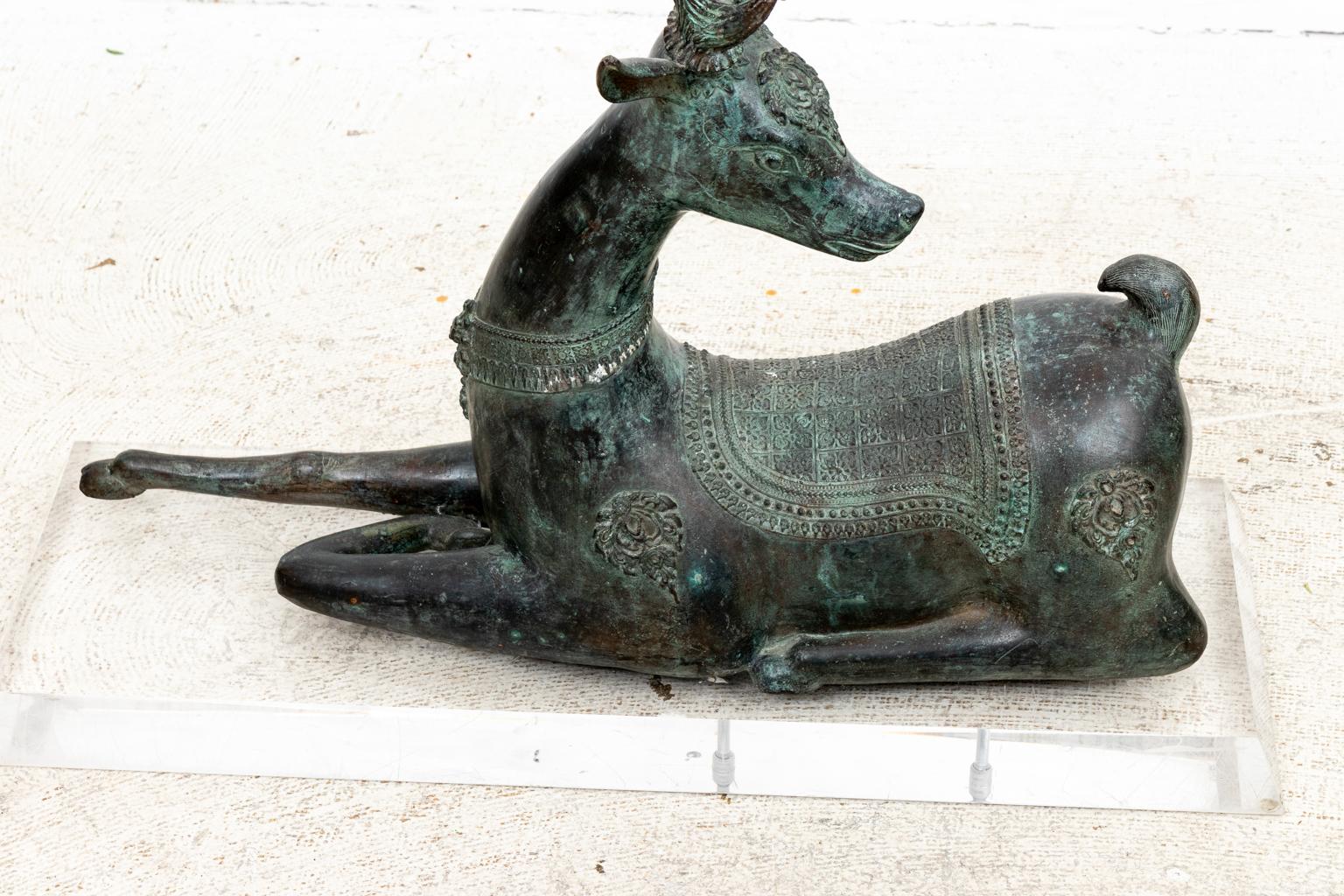 Patinated Bronze Reclining Deer Sculpture In Good Condition For Sale In Stamford, CT
