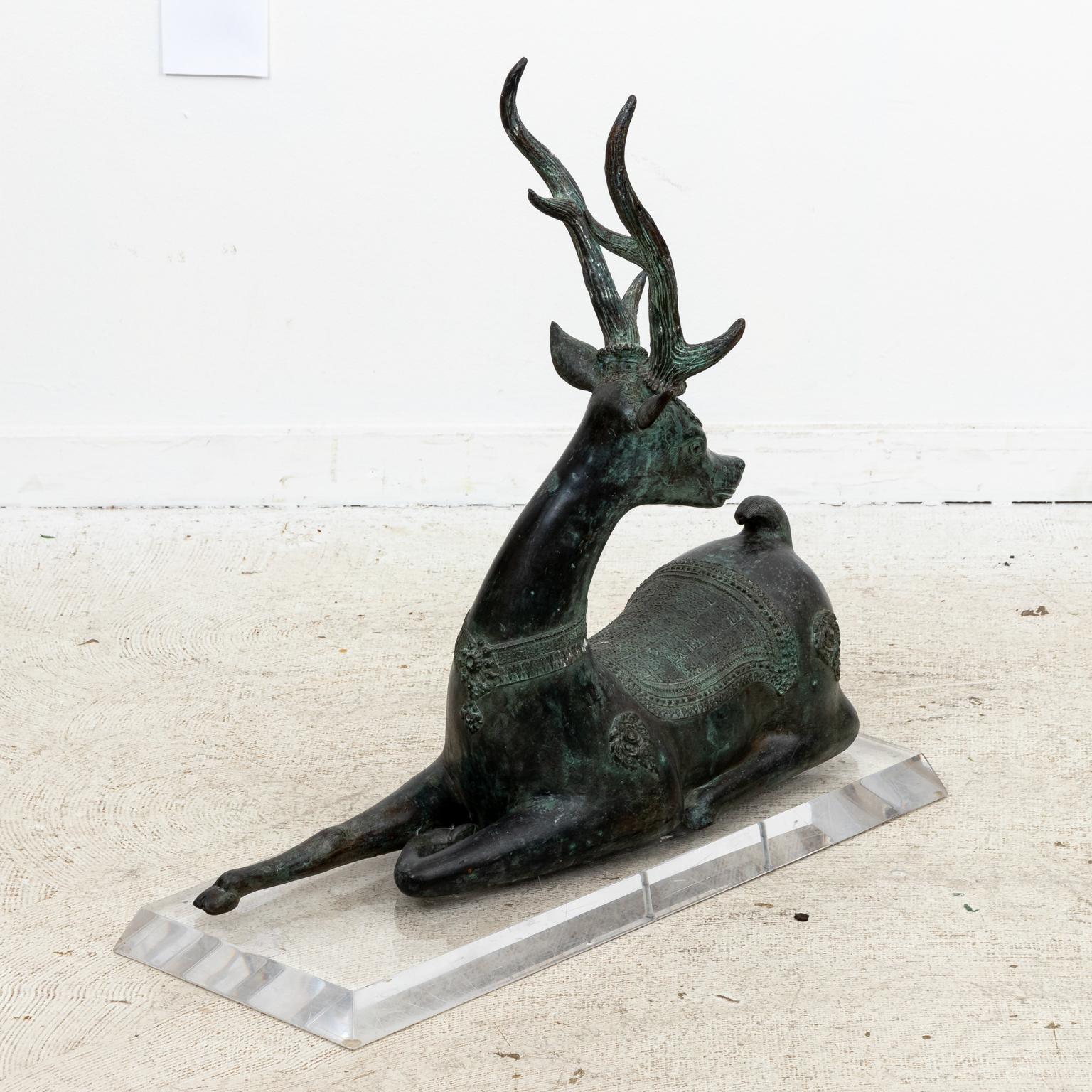 Patinated Bronze Reclining Deer Sculpture For Sale 1