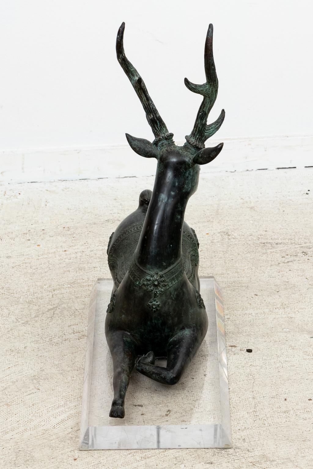 Patinated Bronze Reclining Deer Sculpture For Sale 2