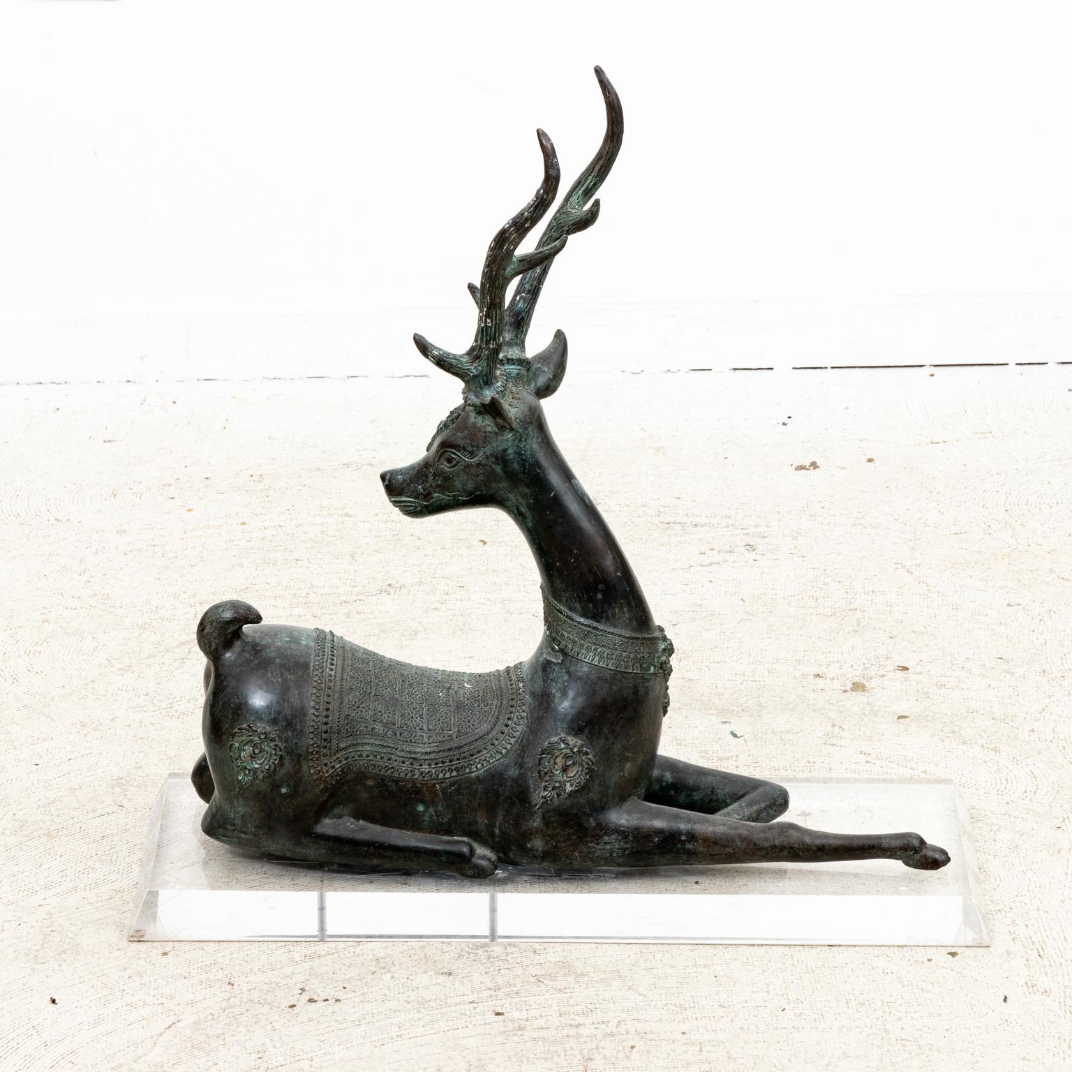Patinated Bronze Reclining Deer Sculpture For Sale 3