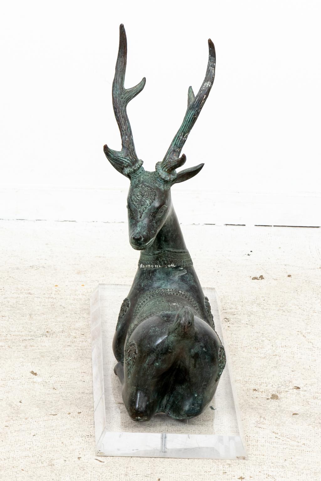 Patinated Bronze Reclining Deer Sculpture For Sale 4