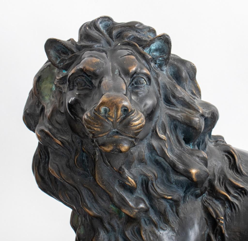 Mid-Century Modern Patinated Bronze Reclining Lion Sculptures, Pair