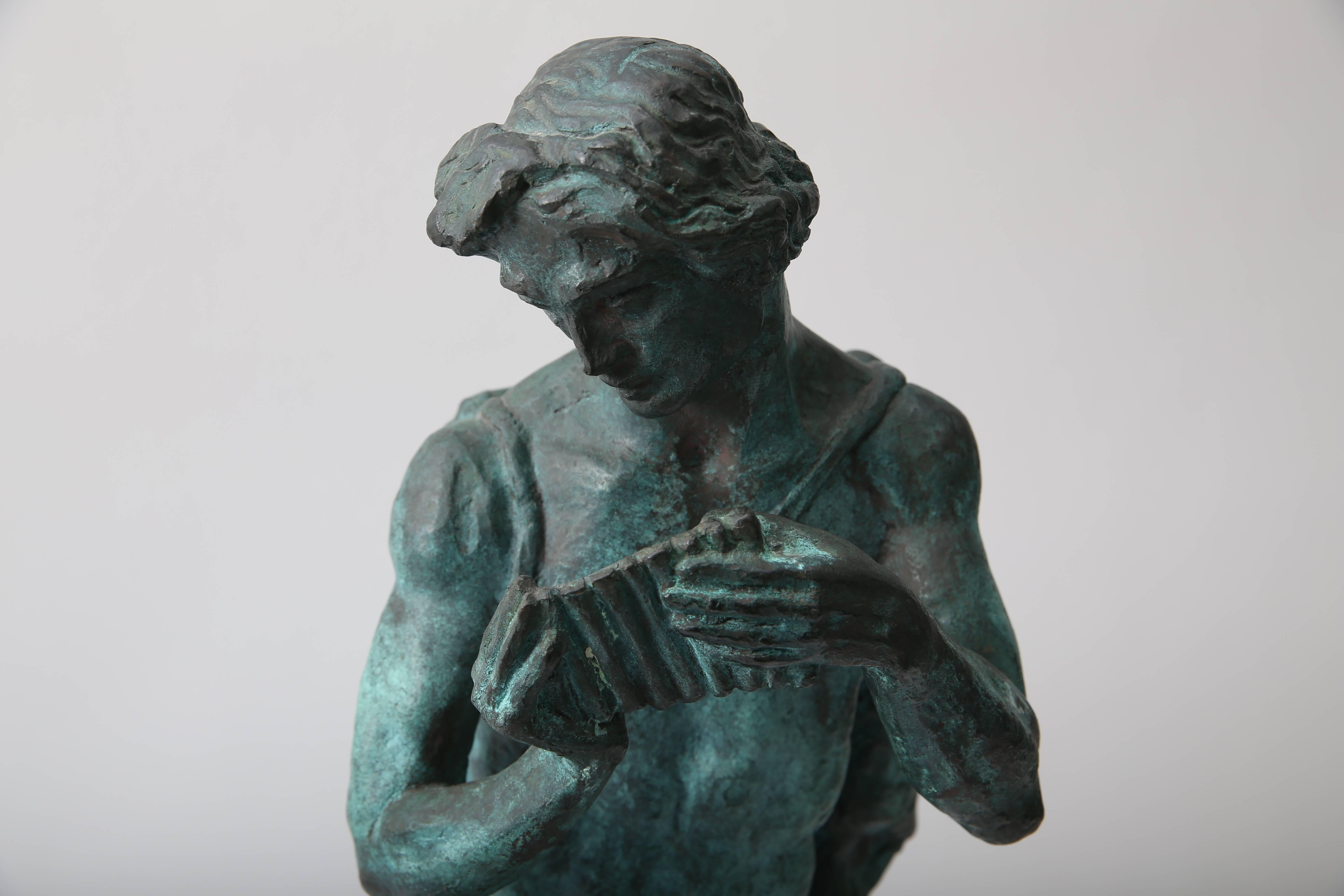 This beautiful Art Deco sculpture dates to 1937 and is by the Swedish sculptor Alice Nordin (1871-1948). Here she has captured the serenity and sensuality of a young shepherd playing the pan flute to a fawn.

Note: Inscribed on base see image