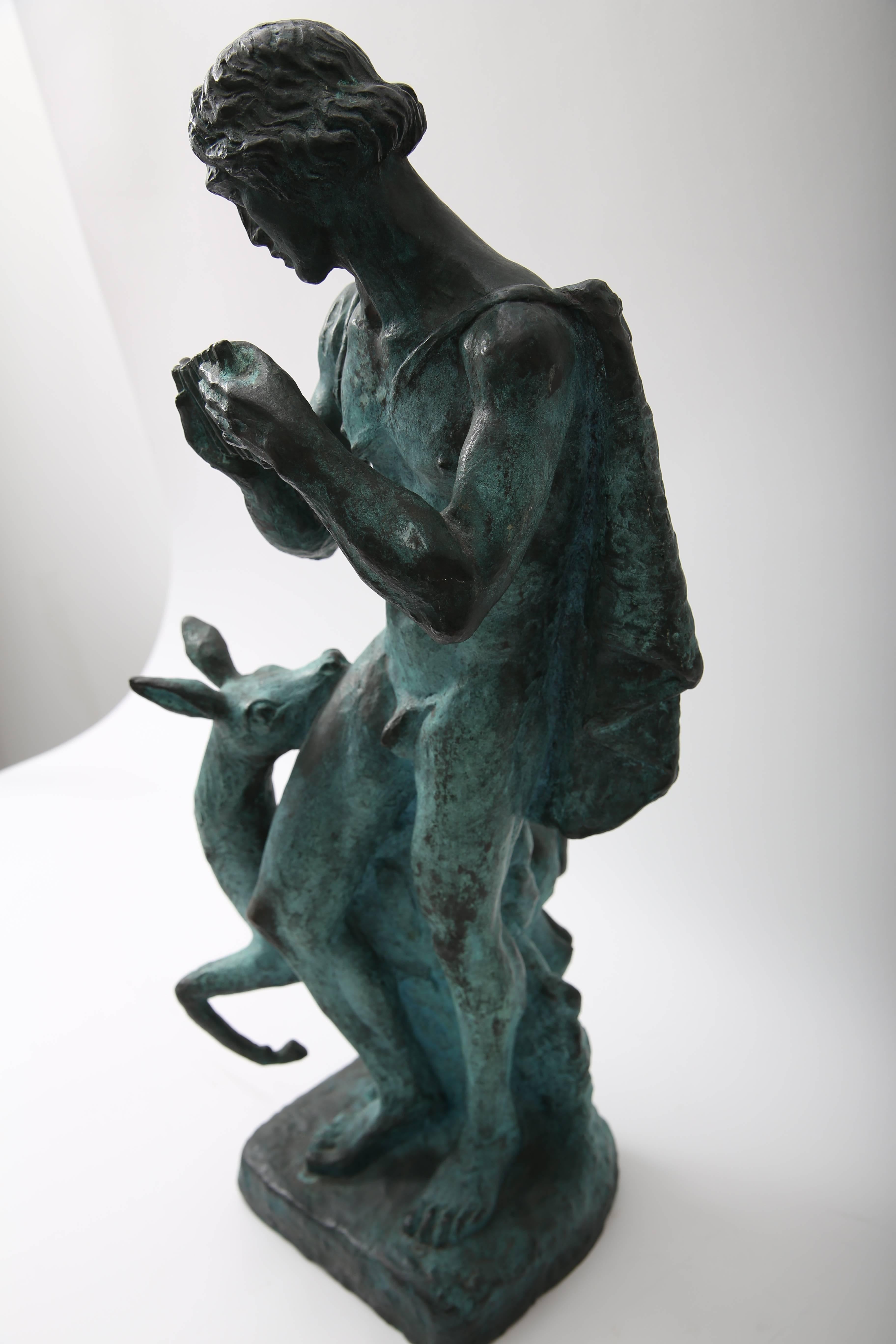 Art Deco Patinated Bronze Sculpture Greek Shepherd Playing a Pan Flute 