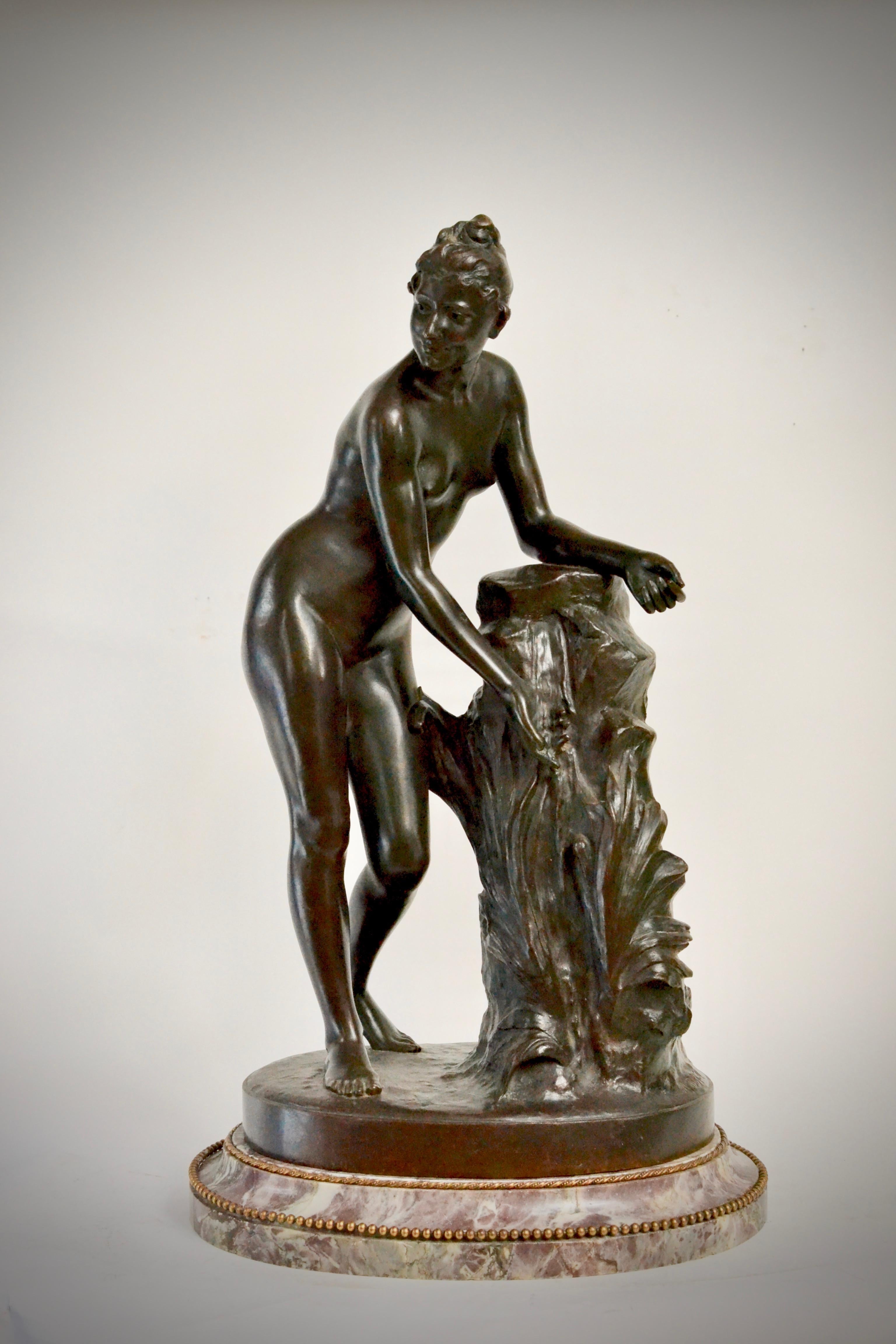 Bronze sculpture, second half of the 19th century. Patinated bronze sculpture of a standing woman signed Malvina Brach.