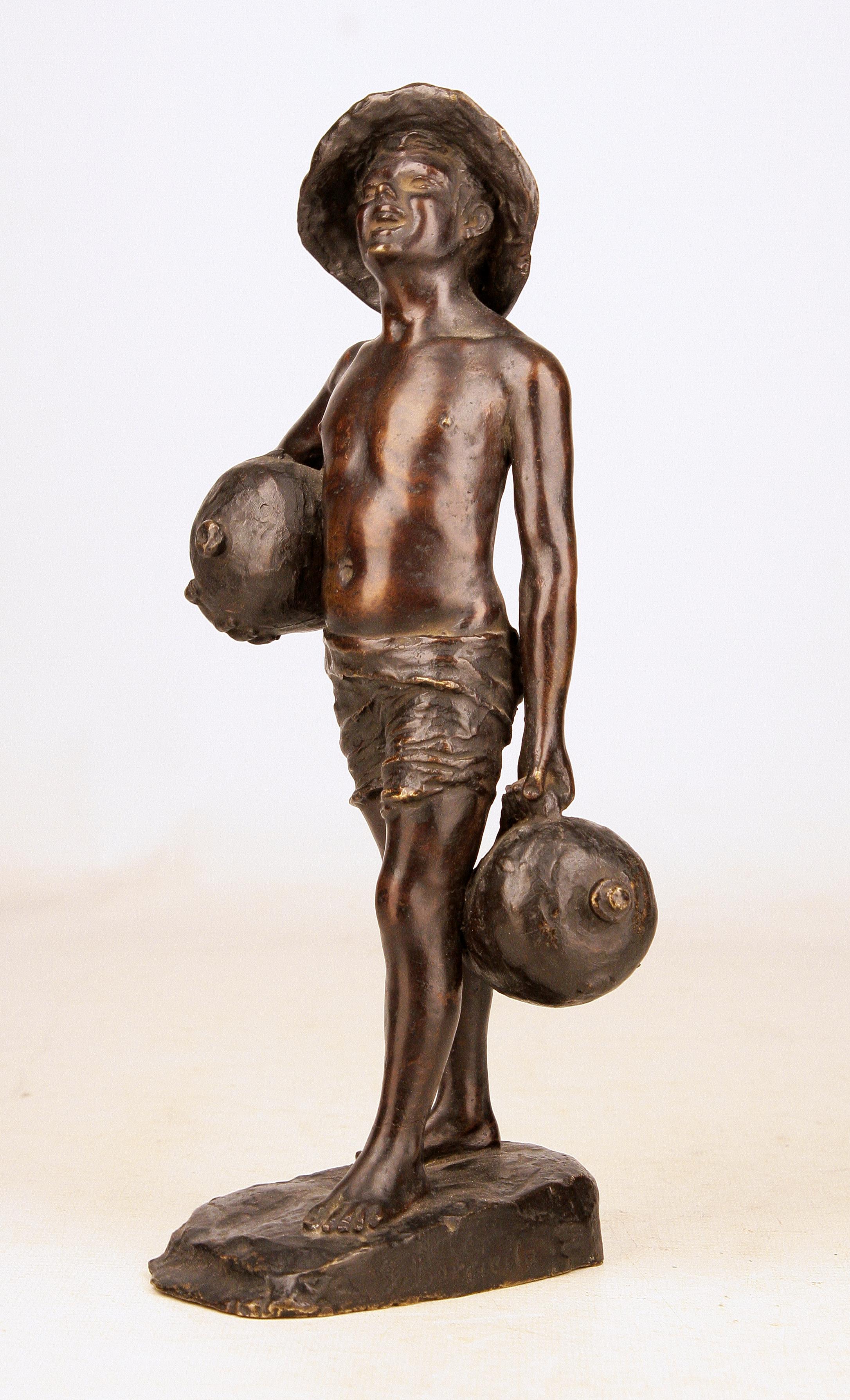 Patinated bronze sculpture of boy holding jugs signed by italian G. Borriello

By: G. Borriello
Material: copper, bronze, metal
Technique: cast, molded, patinated, metalwork
Dimensions: 5 in x 6 in x 11 in
Date: late 19th century
Style: Belle