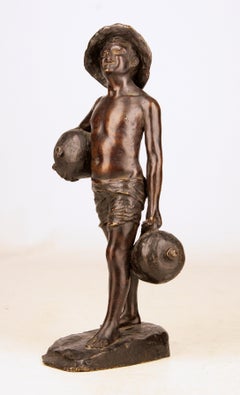 Patinated Bronze Sculpture of Boy Holding Jugs Signed by Italian G. Borriello