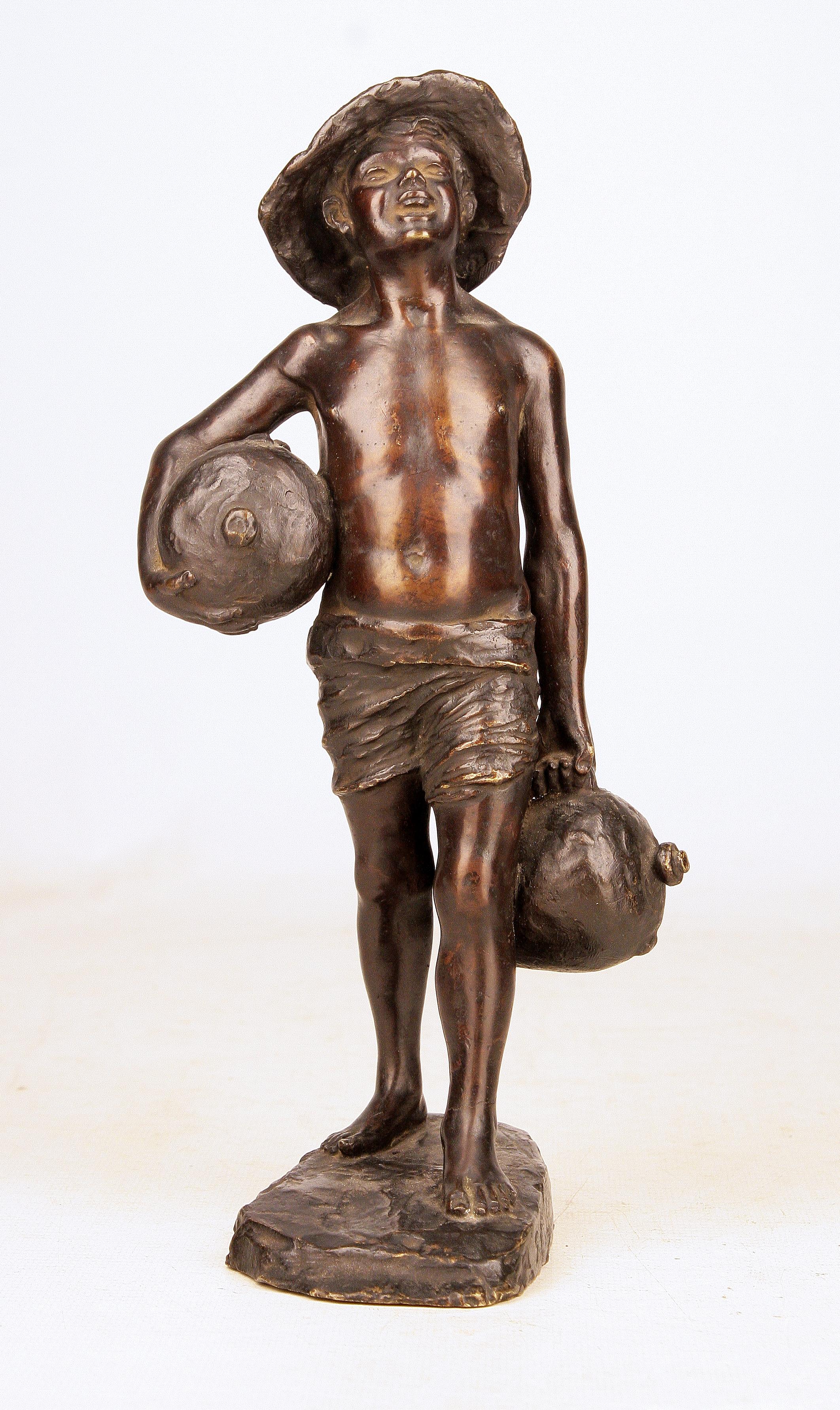 Cast Patinated Bronze Sculpture of Boy Holding Jugs Signed by Italian G. Borriello For Sale