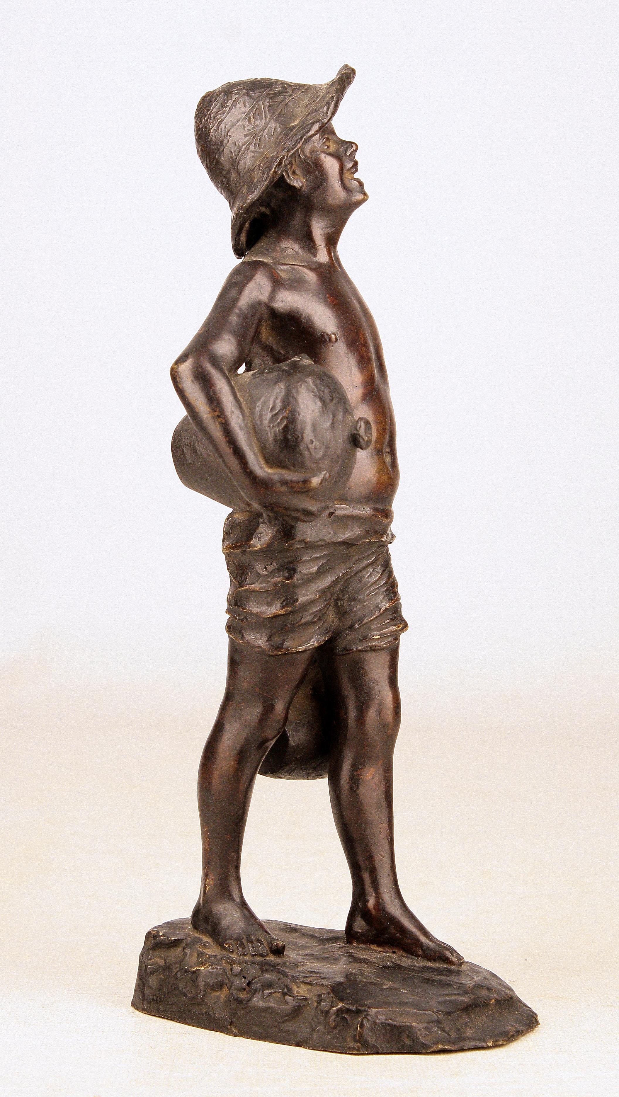 Patinated Bronze Sculpture of Boy Holding Jugs Signed by Italian G. Borriello In Good Condition For Sale In North Miami, FL