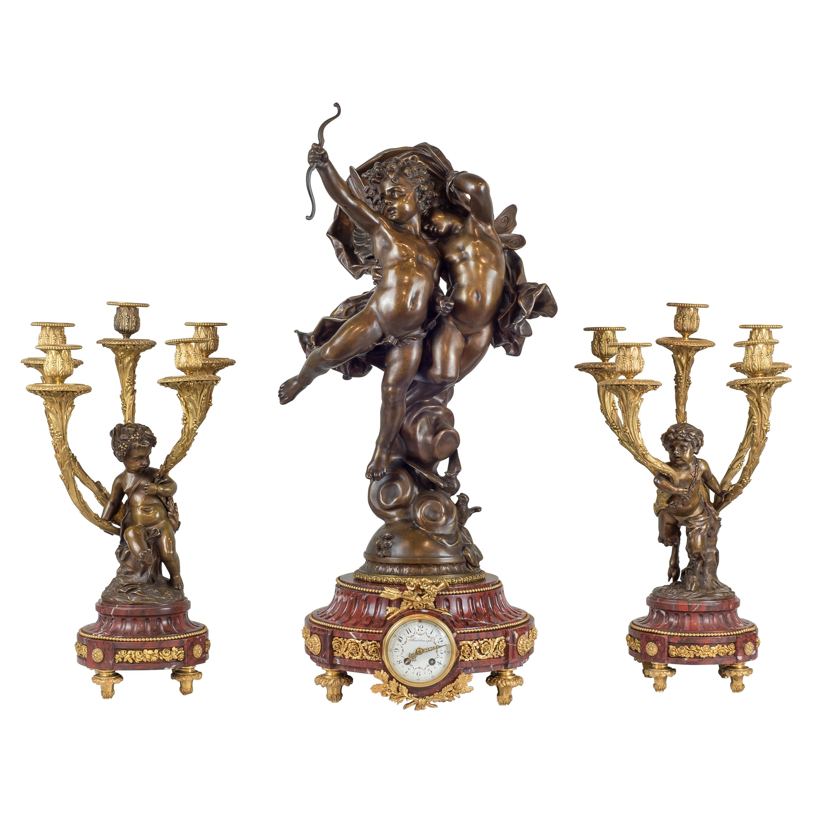 Patinated Bronze Sculpture of Cupid and Psyche Clockset by Bouguereau For Sale