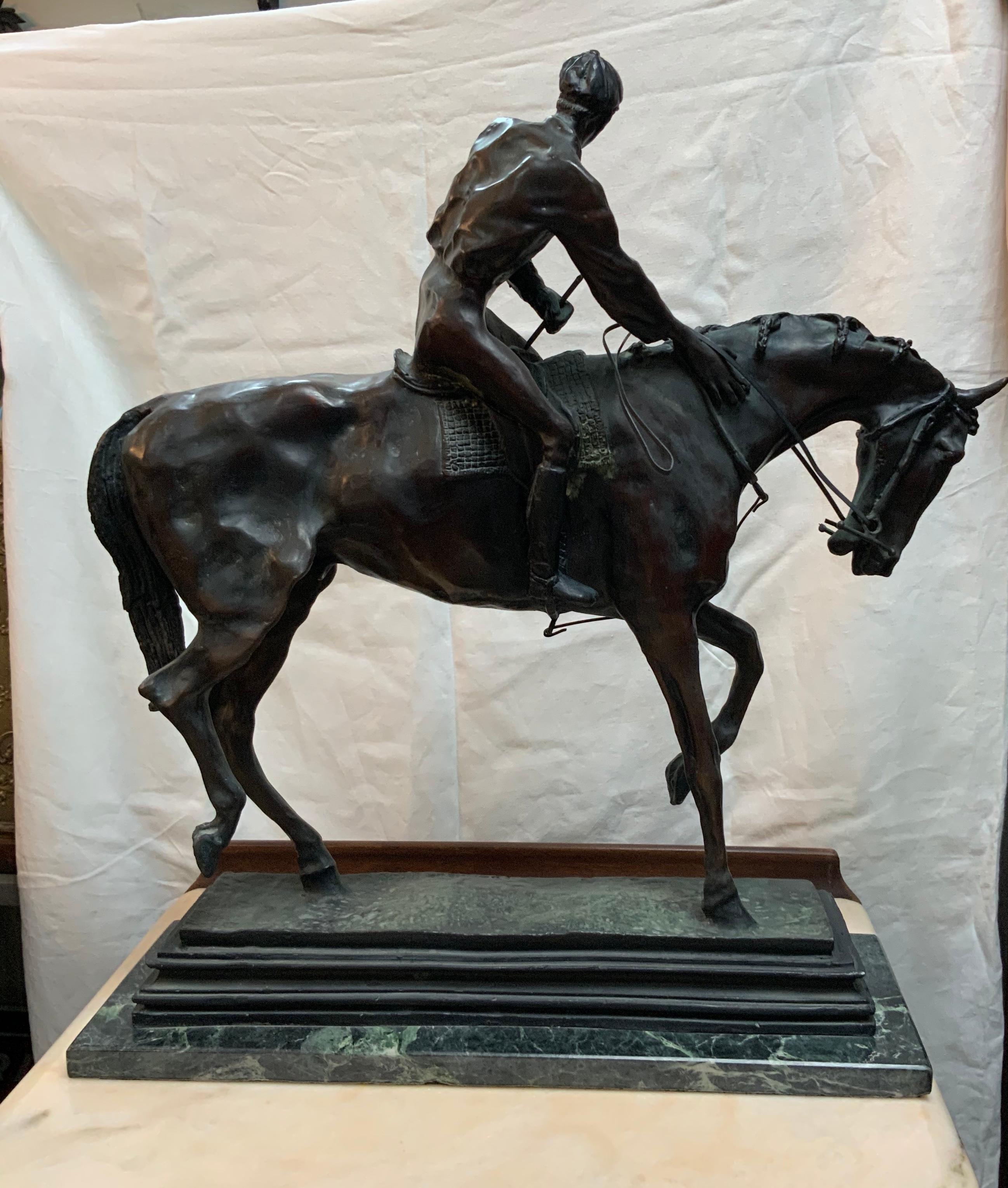 This is a patinated sculpture of a jockey and his horse by French sculptor Isidore Jules Bonheur. He is considered one of the great animal’s sculptors of the 19th century. The sculpture depicts in detail a jockey who is calming and probably