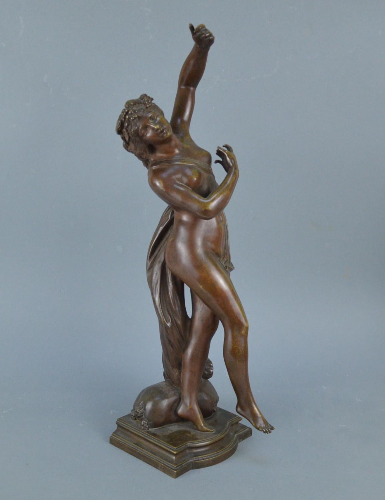 Patinated bronze sculpture representing a bacchante.
France/Belgium. Late 19th-early 20th century.
 