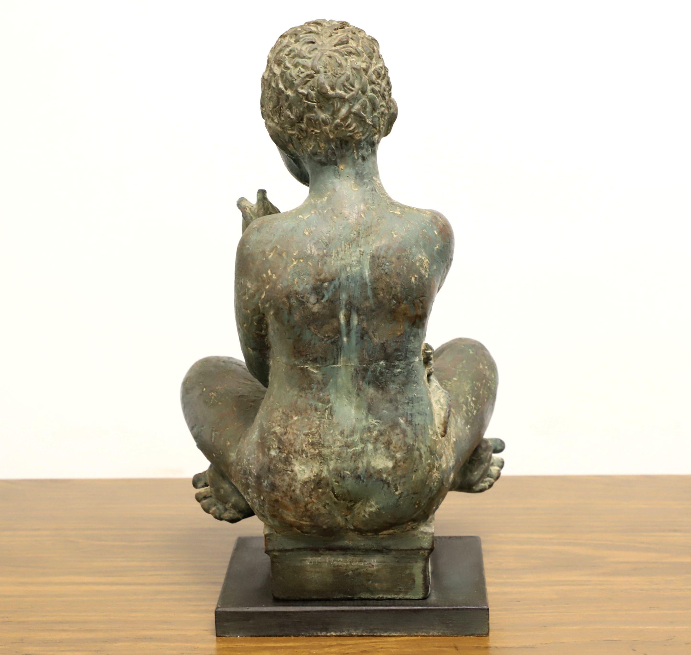 Other Patinated Bronze Seated Boy Holding Fish Sculpture