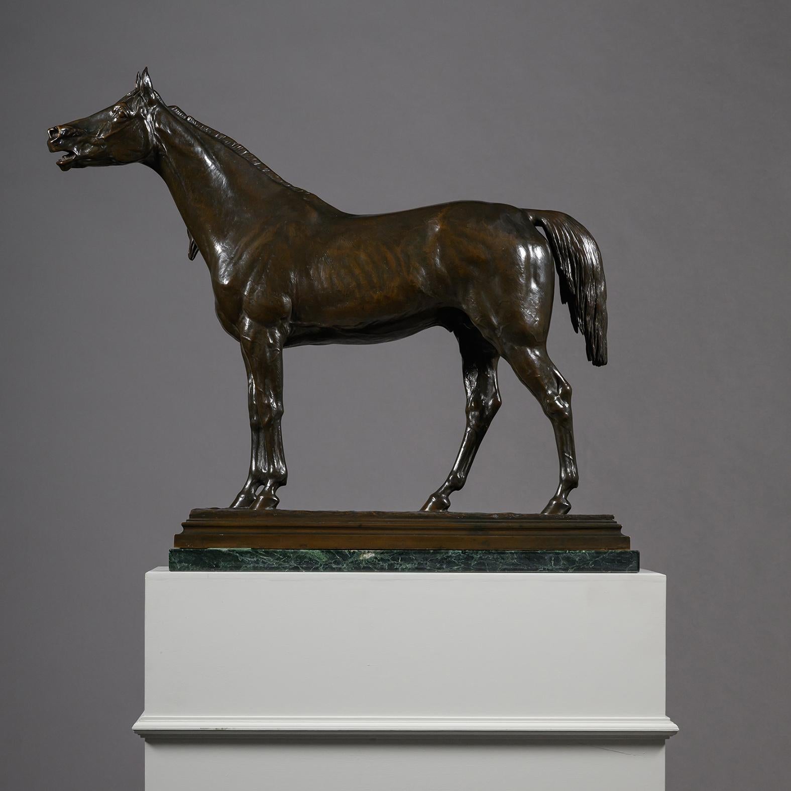 A Large Patinated Bronze Statue Of ‘A Horse Calling’, By Isidore-Jules Bonheur (French, 1827 – 1901).

Bronze with a dark brown patina, on a veined green marble base.

Signed ‘I. BONHEUR’ and with the foundry stamp ‘PEYROL’. 

France, Circa