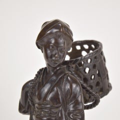 Patinated Bronze Statue Representing a Peasant Girl Holding a Basket Japan, 1900