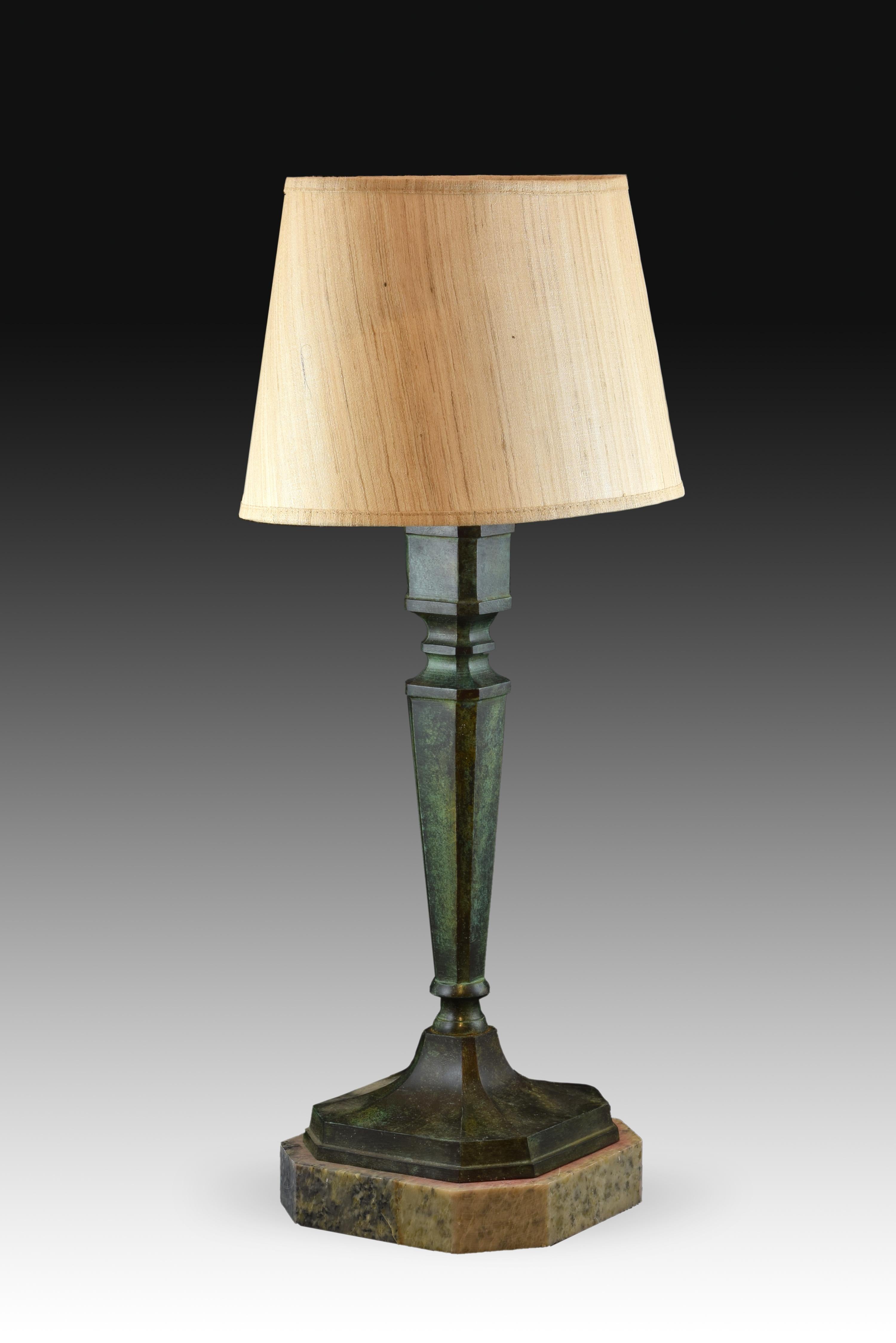 European Patinated bronze table lamp in the shape of a stipe. For Sale
