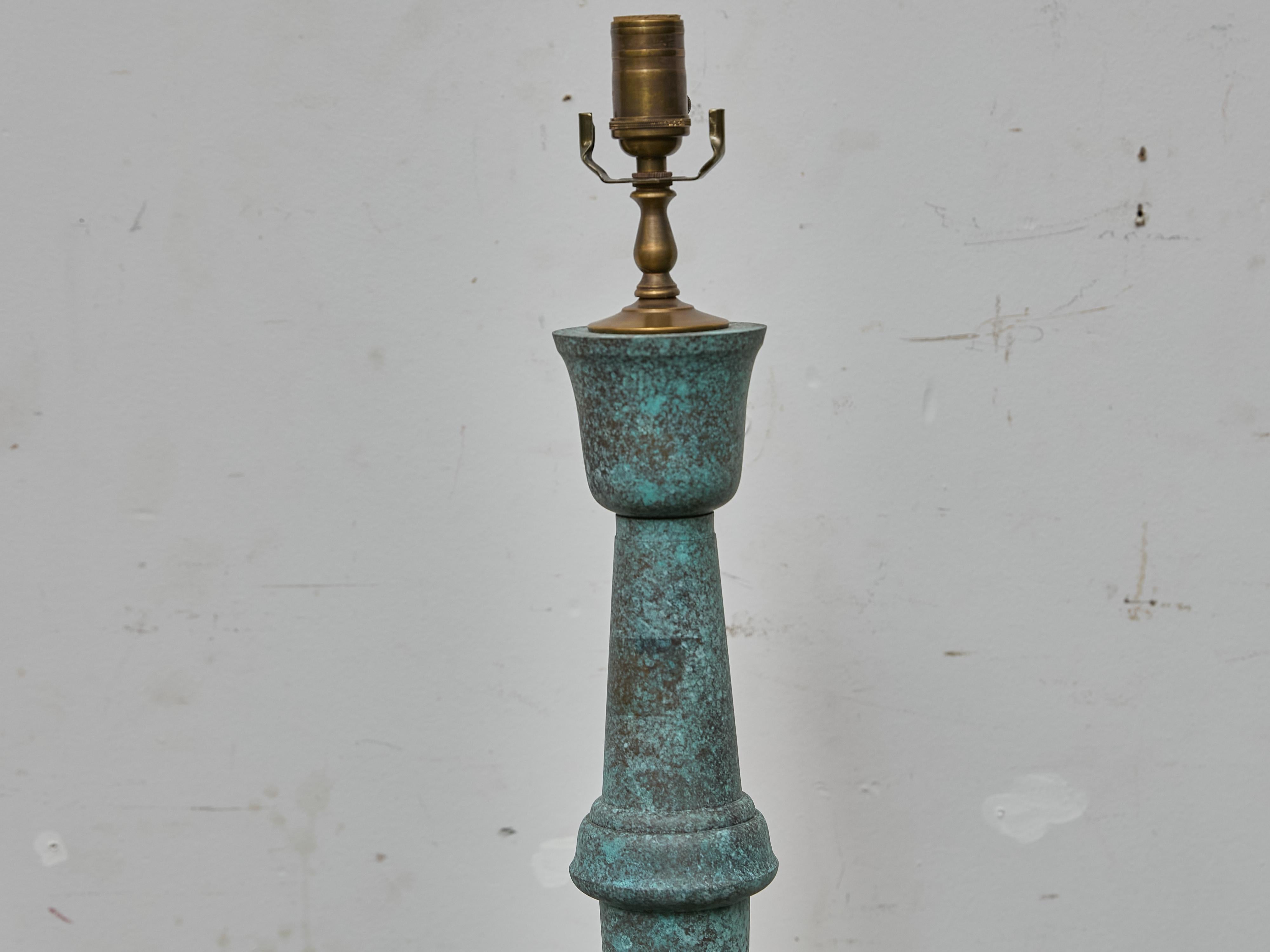 Patinated Bronze Table Lamp in the Style of James Mont on Lucite Base In Good Condition For Sale In Atlanta, GA