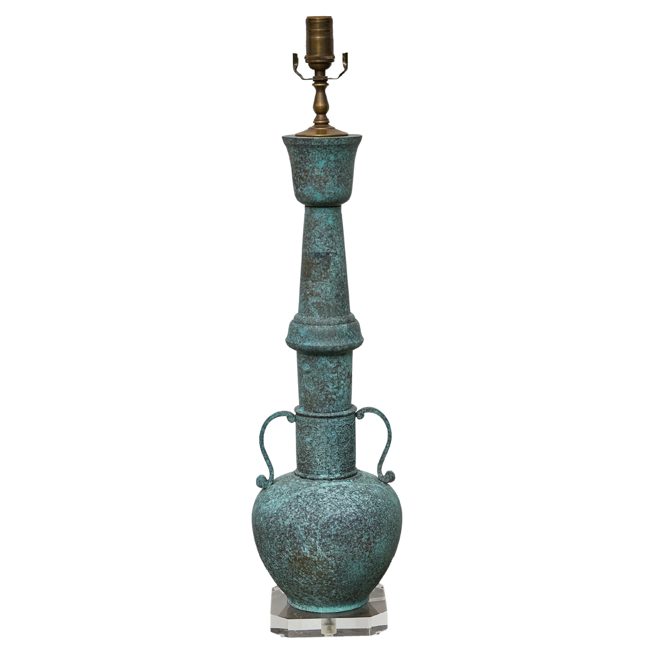Patinated Bronze Table Lamp in the Style of James Mont on Lucite Base For Sale