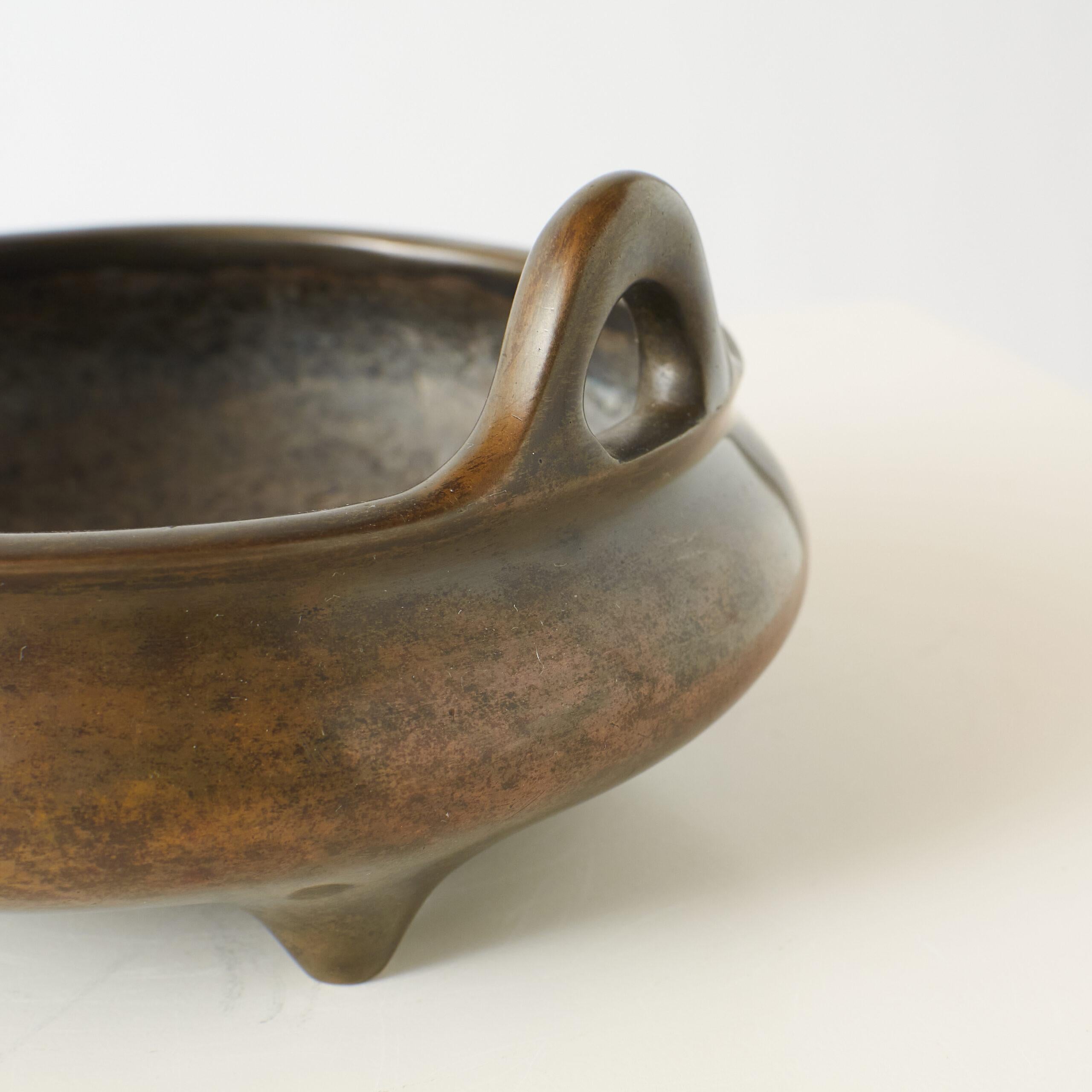 Ming Patinated Bronze Tripod Censer with Double Handles For Sale