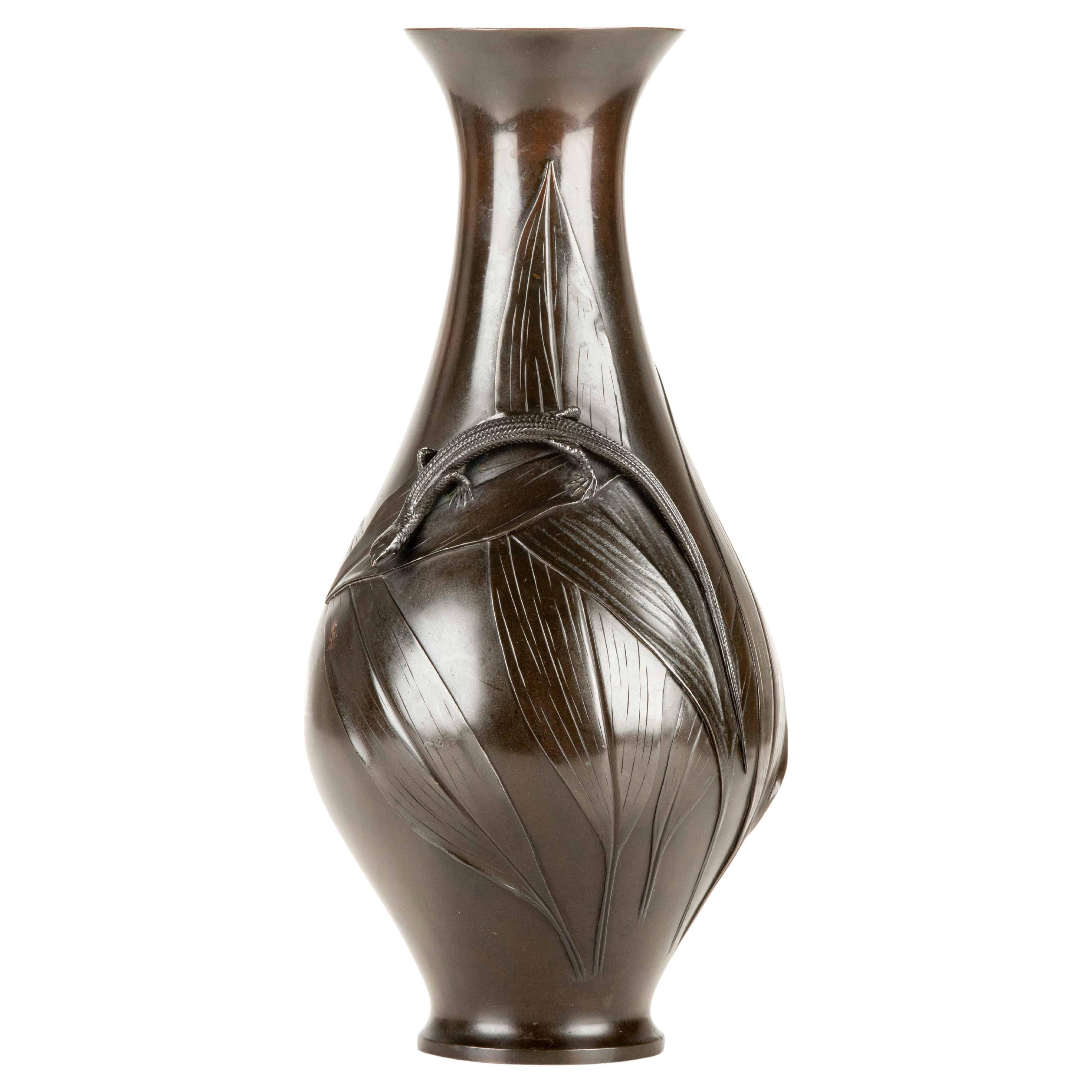 Patinated Bronze Vase With A Lizard Carved In Relief In The Center