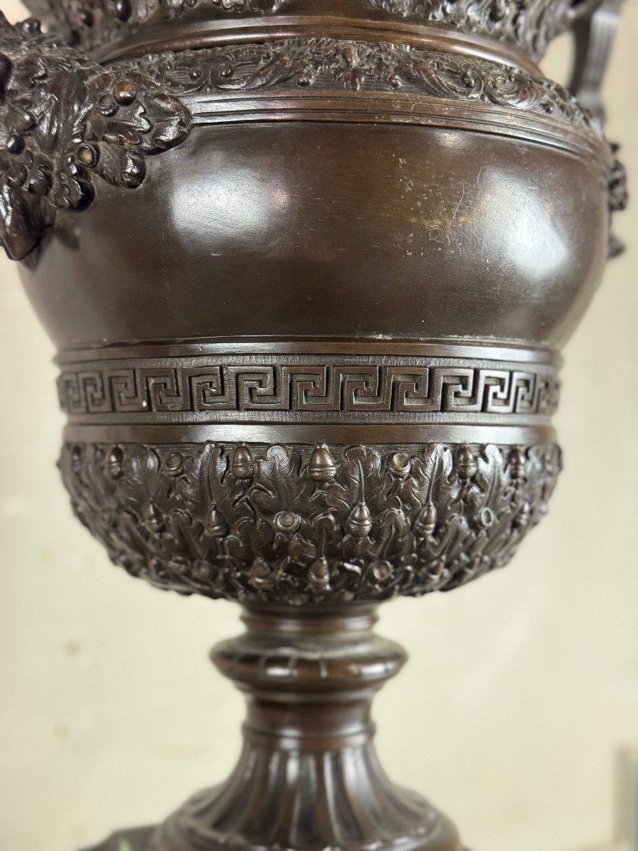 Patinated Bronze Vase With Handles Topped With Two-headed Busts 19th Century For Sale 6