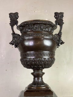 Patinated Bronze Vase With Handles Topped With Two-headed Busts 19th Century