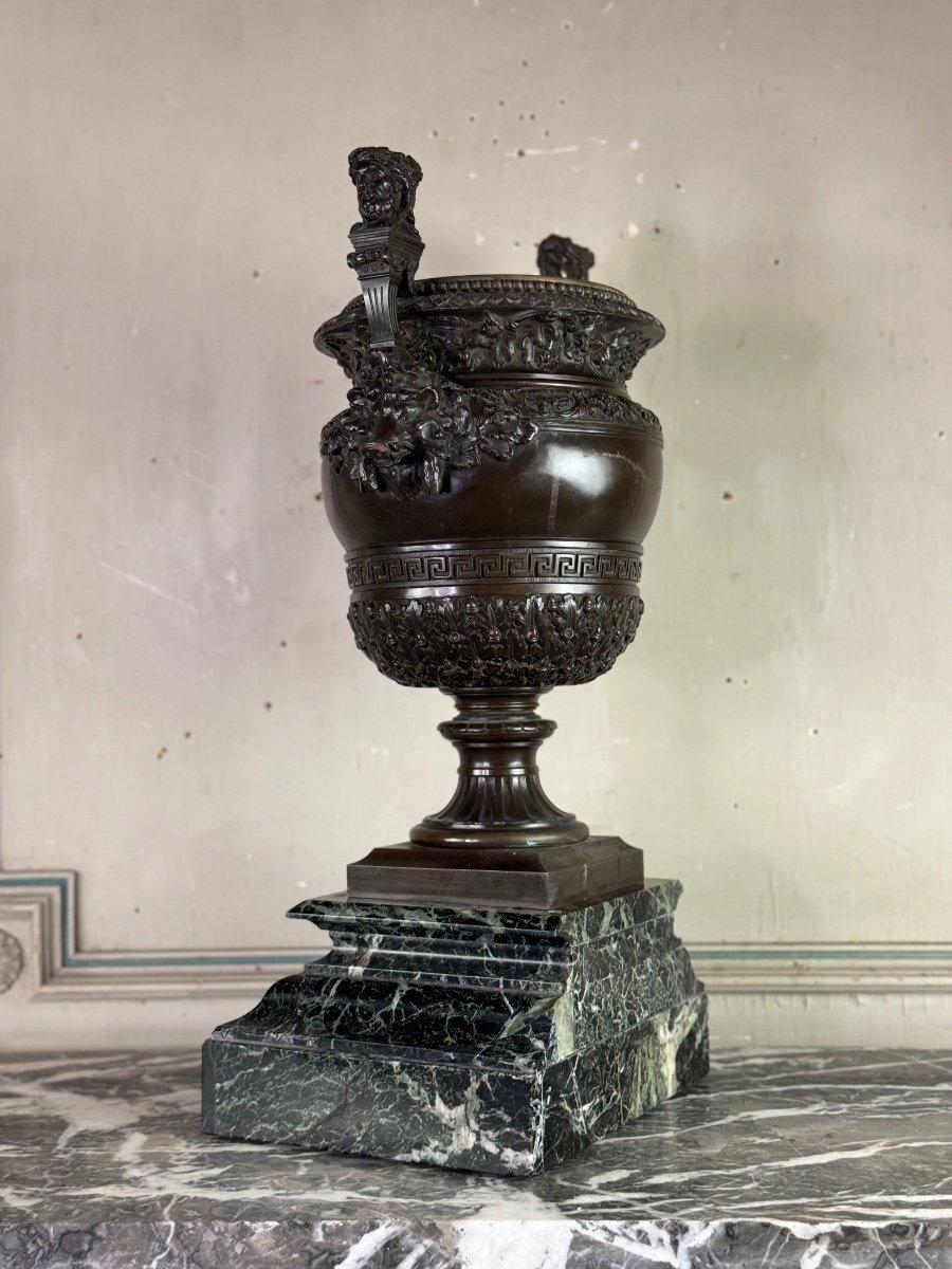 Louis XIV Patinated Bronze Vase With Handles Topped With Two-headed Busts 19th Century For Sale