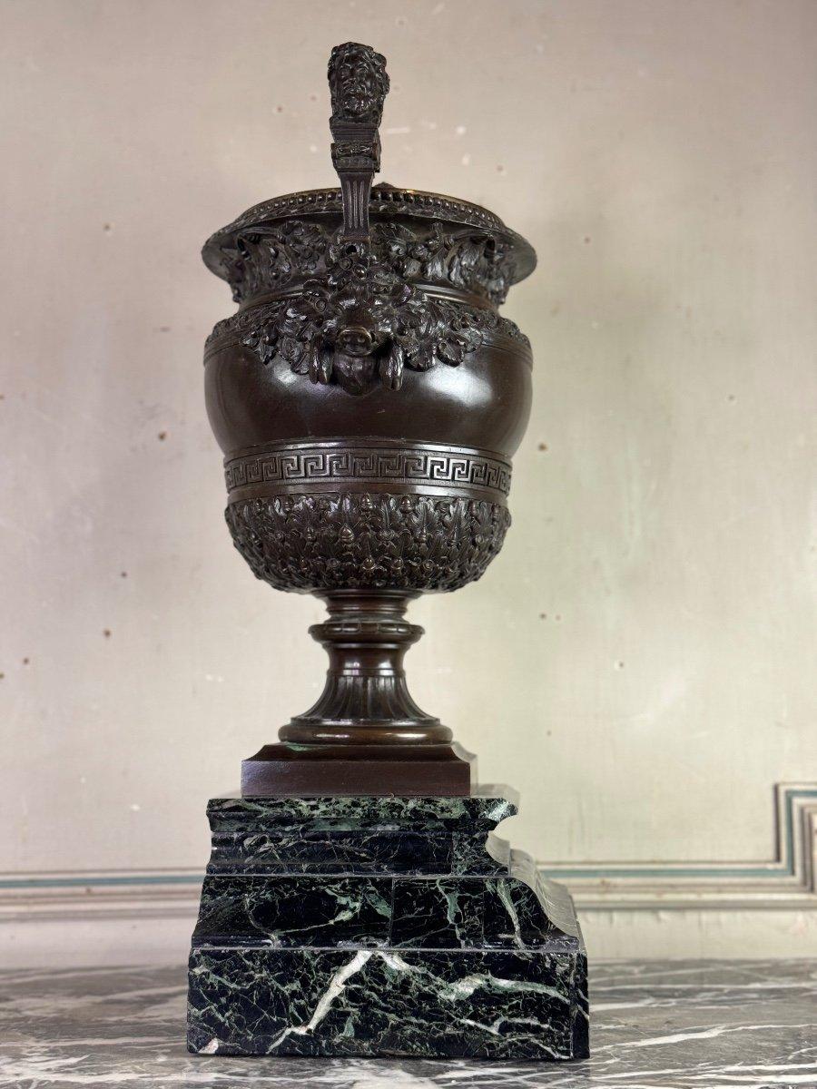 French Patinated Bronze Vase With Handles Topped With Two-headed Busts 19th Century For Sale