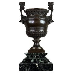 Antique Patinated Bronze Vase With Handles Topped With Two-headed Busts 19th Century