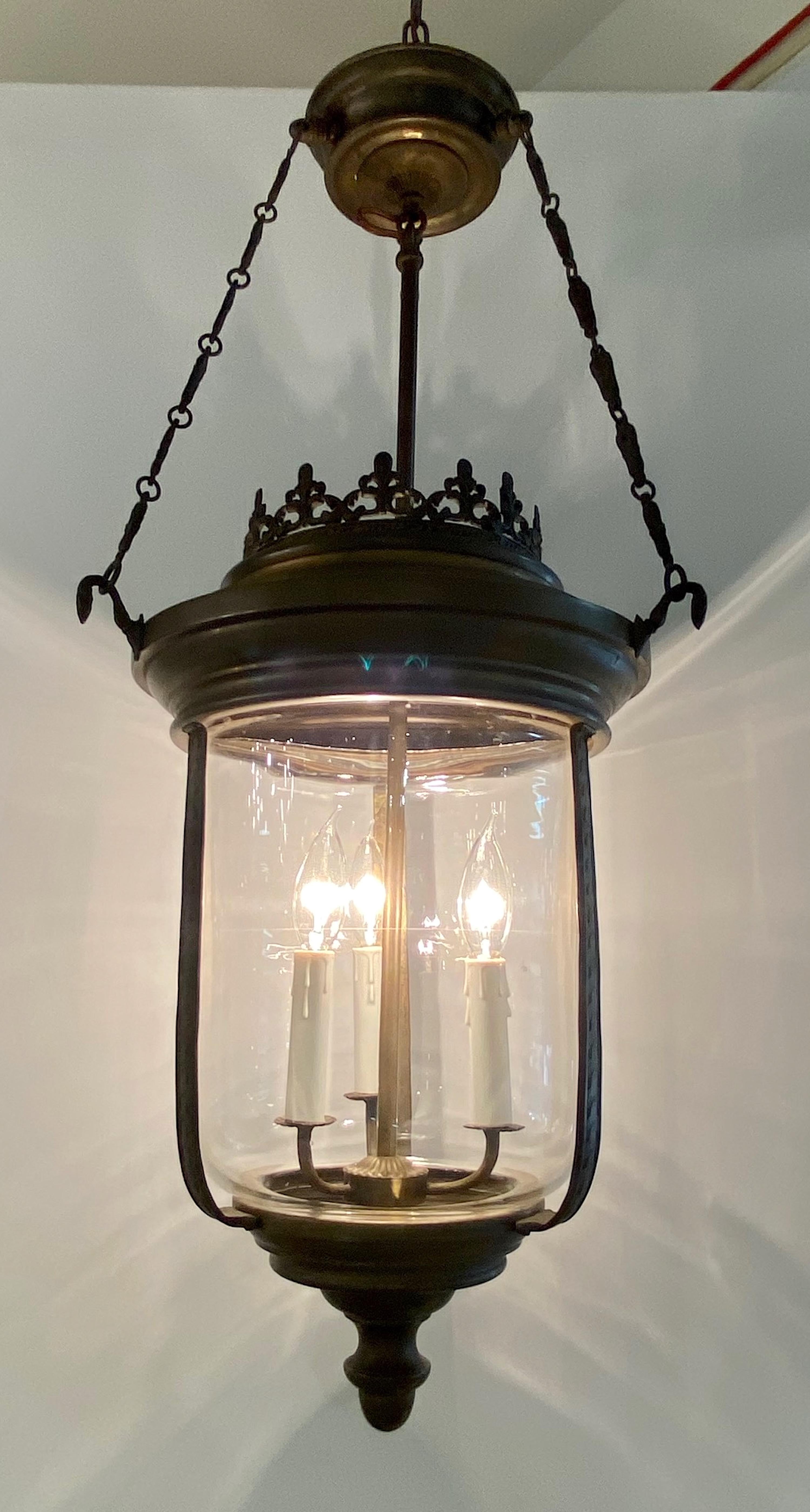 American Patinated Bronze with hand Blown Glass Lantern For Sale