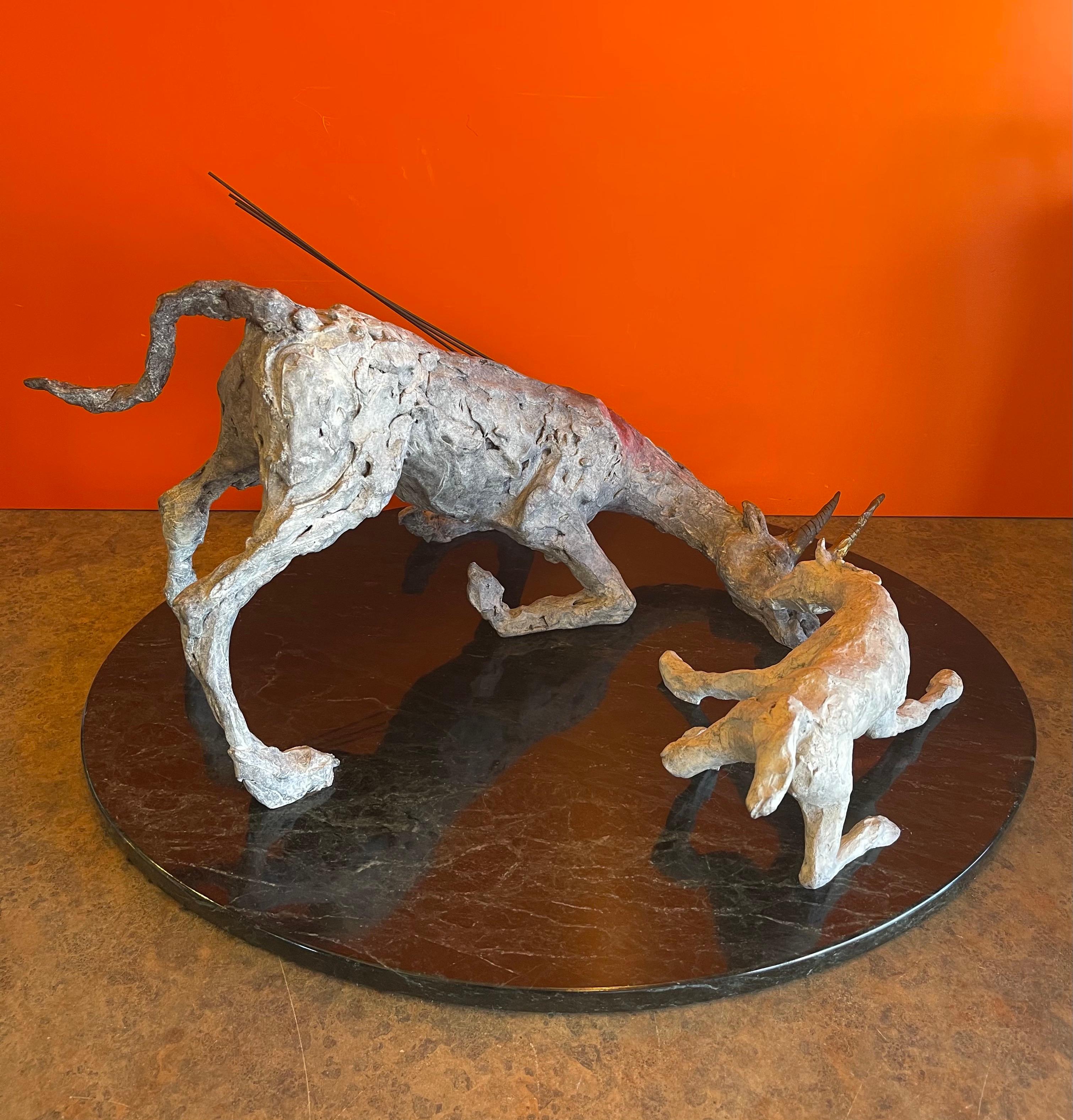 Patinated Brutalist Unicorn Tragedy Bronze Sculpture on Marble Base For Sale 6