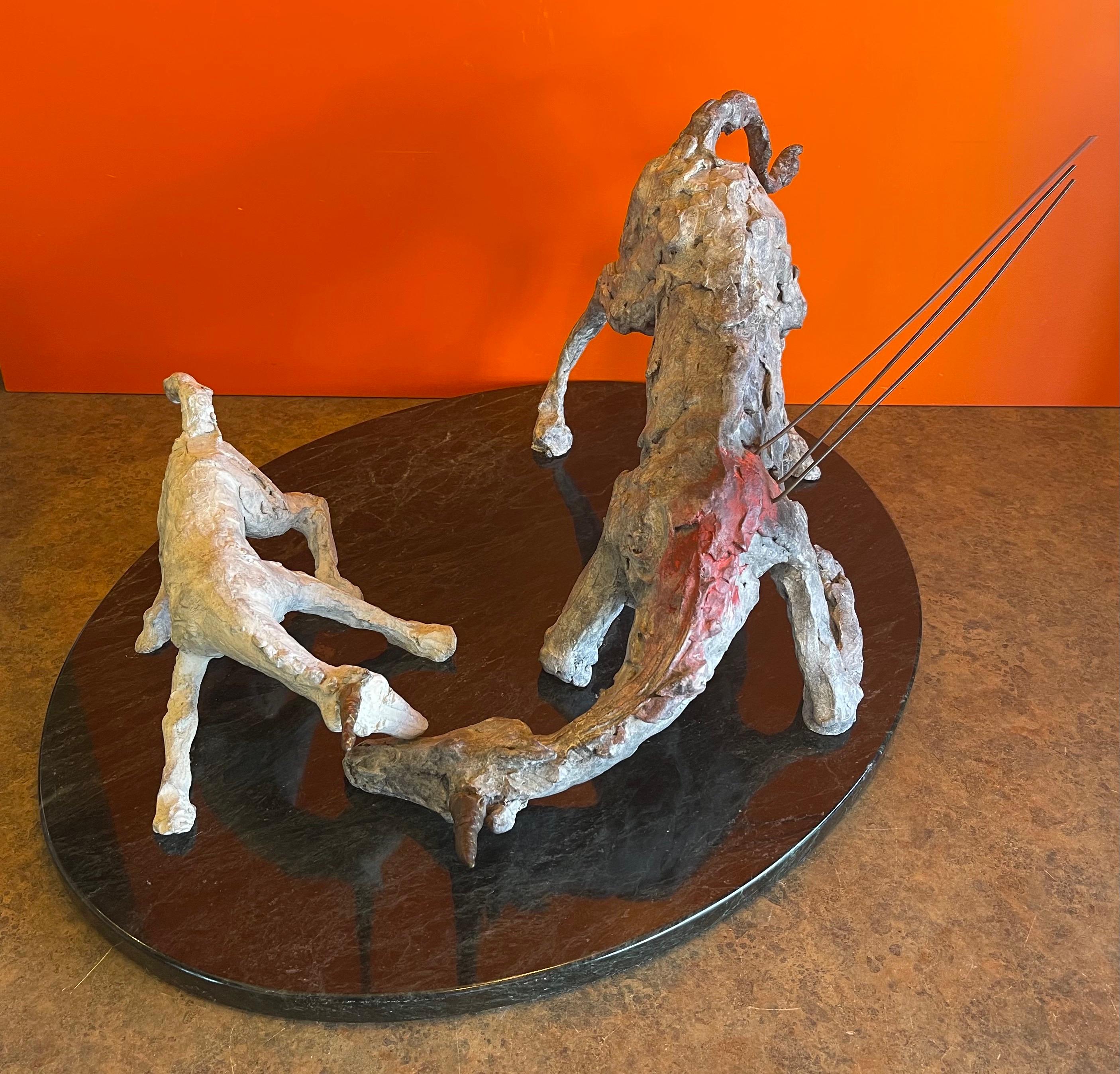 American Patinated Brutalist Unicorn Tragedy Bronze Sculpture on Marble Base For Sale