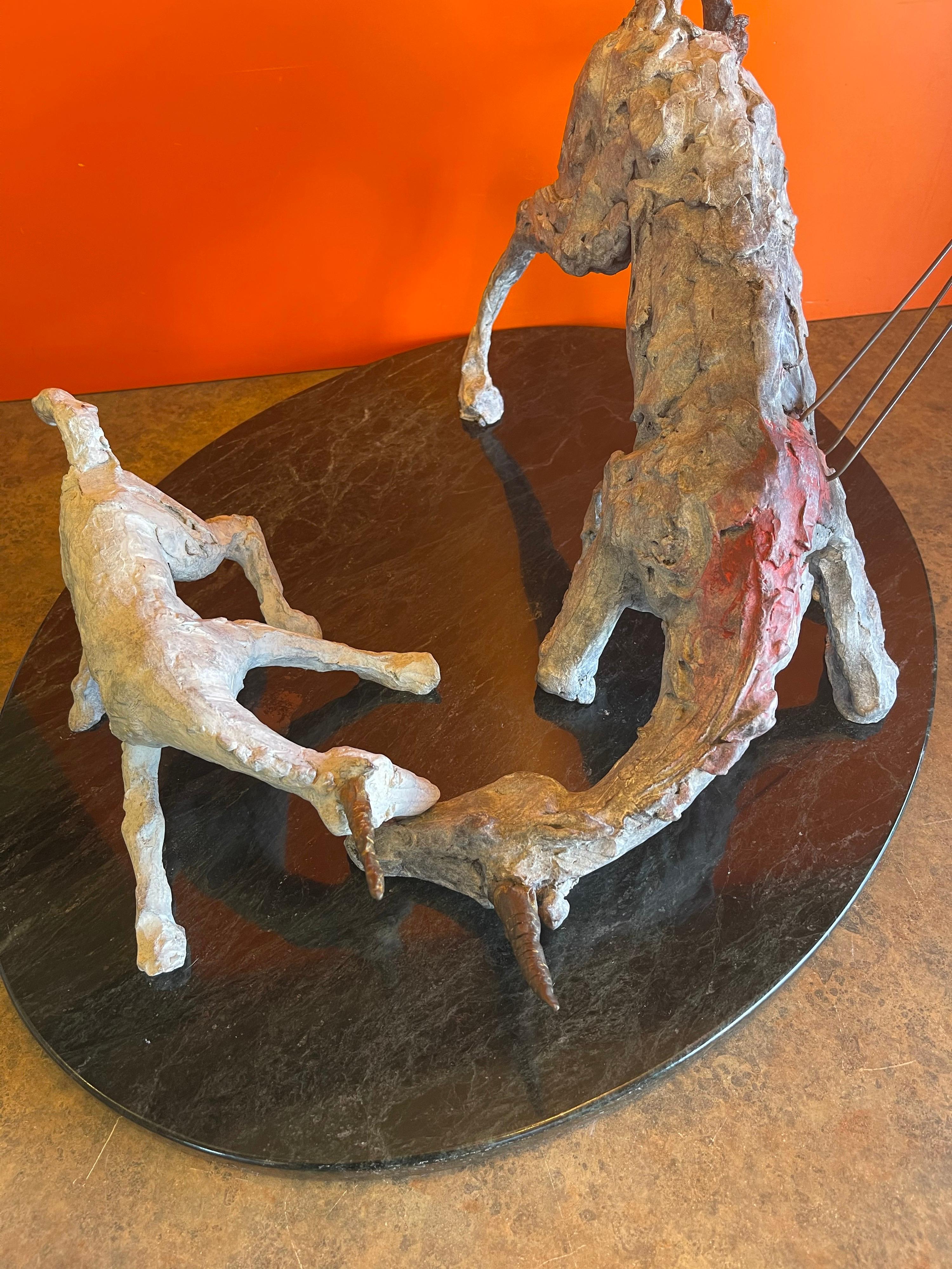 Patinated Brutalist Unicorn Tragedy Bronze Sculpture on Marble Base In Good Condition For Sale In San Diego, CA