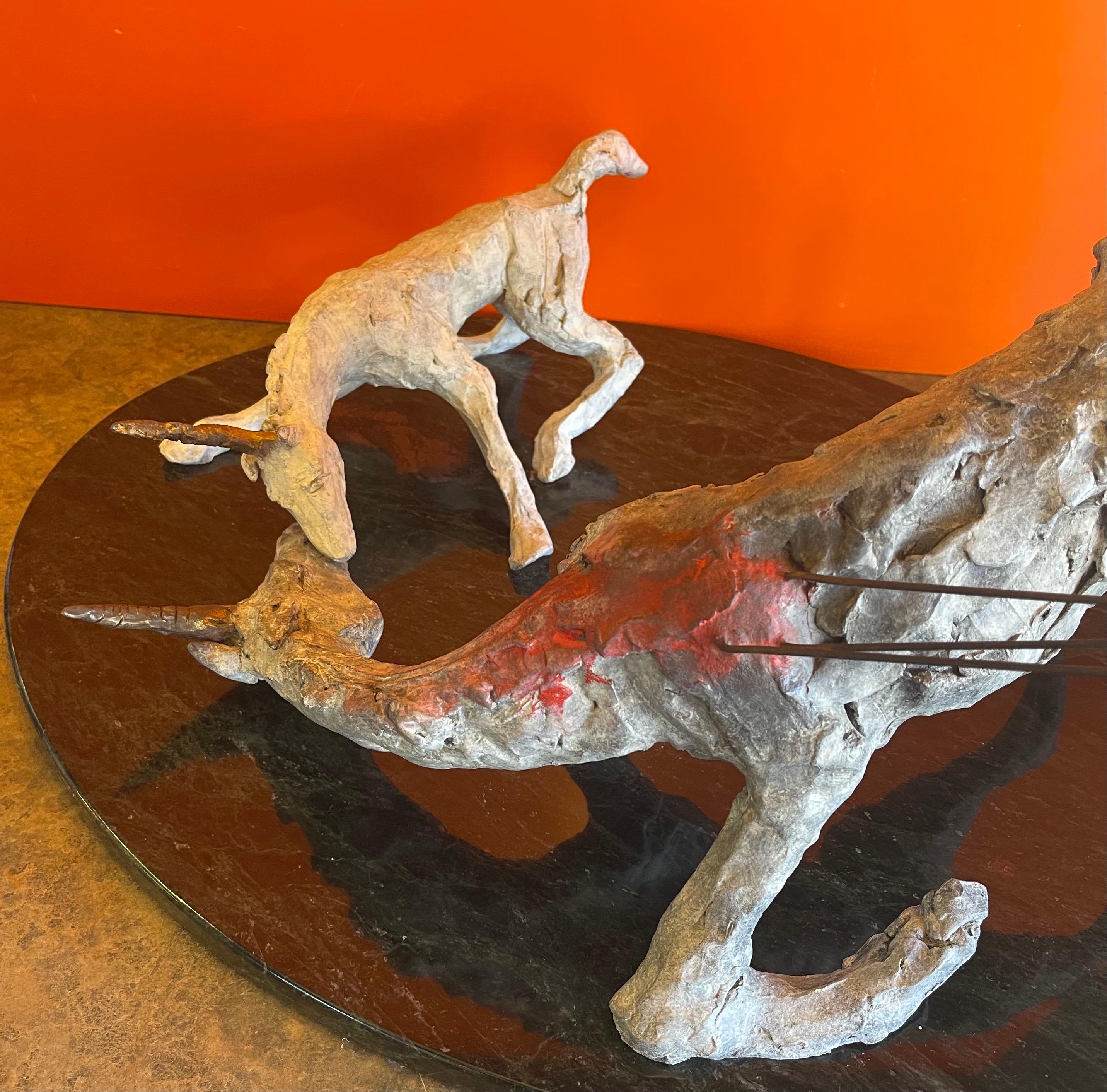 20th Century Patinated Brutalist Unicorn Tragedy Bronze Sculpture on Marble Base For Sale