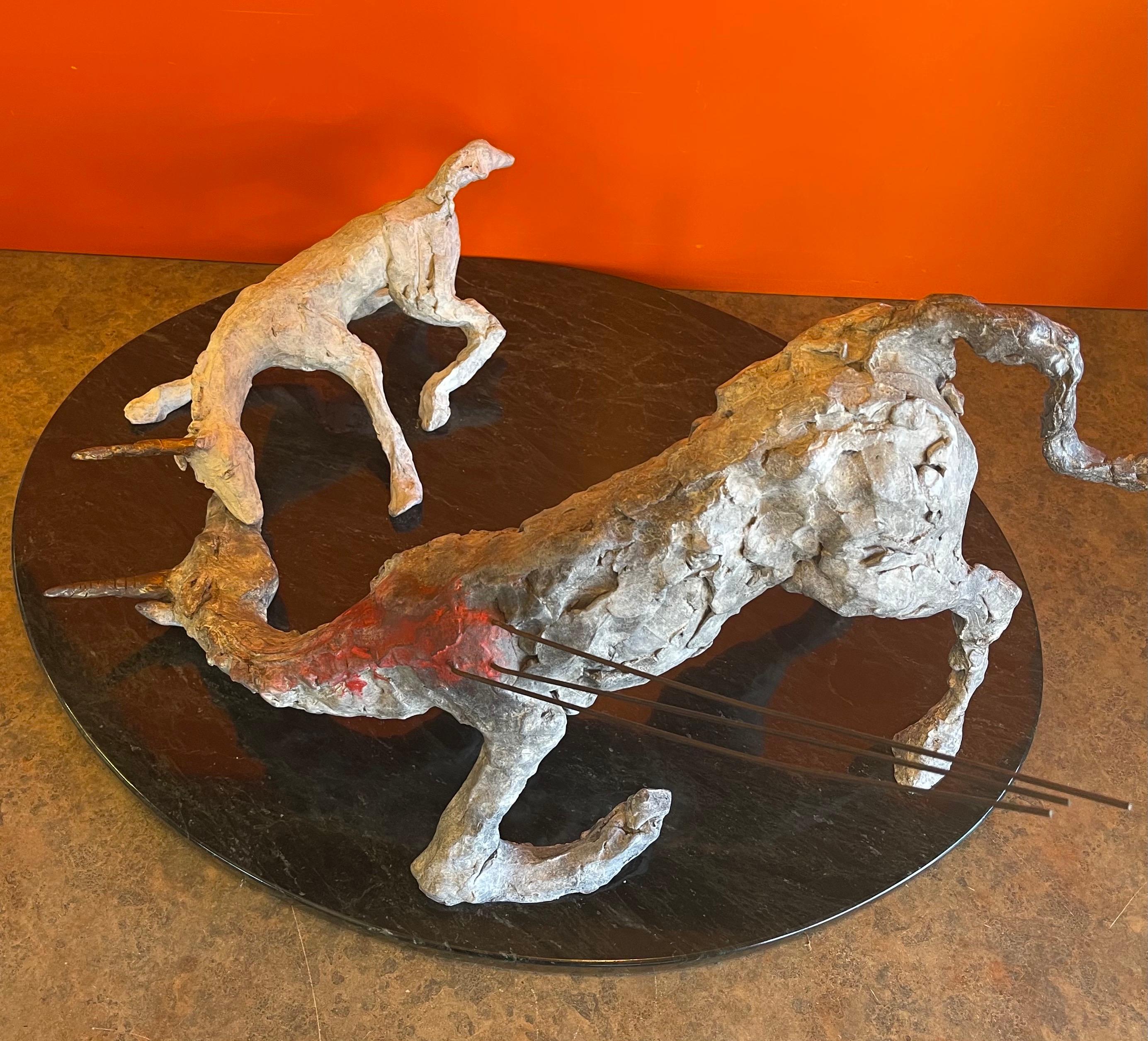 Patinated Brutalist Unicorn Tragedy Bronze Sculpture on Marble Base For Sale 1
