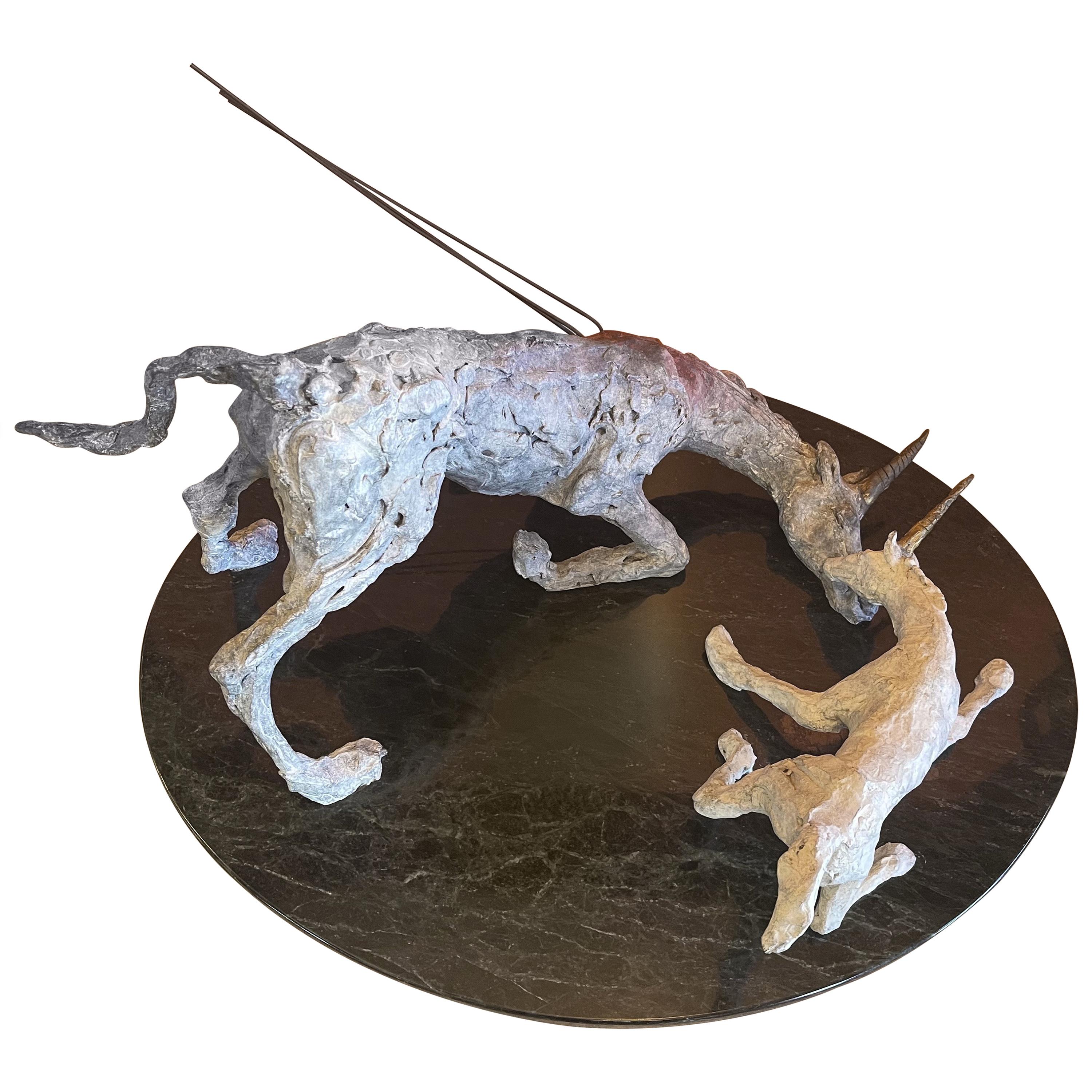 Patinated Brutalist Unicorn Tragedy Bronze Sculpture on Marble Base