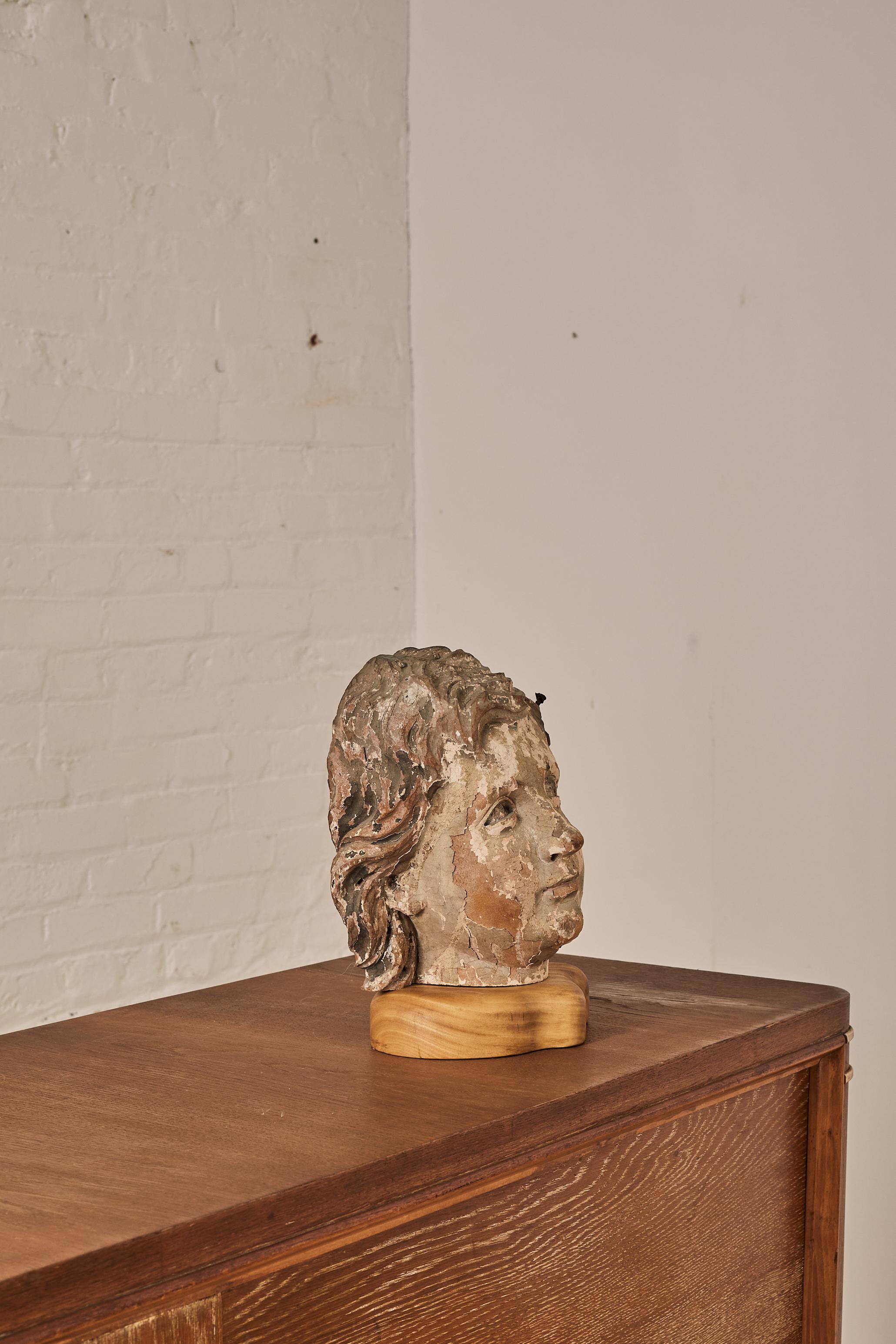 Patinated Carved Head Bust, this painted  head bust rests on a satin wood base.

