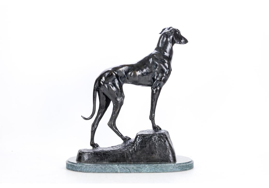 Hollywood Regency Patinated Cast Bronze Sculpture Of A Greyhound After Jules-Edmond Masson For Sale