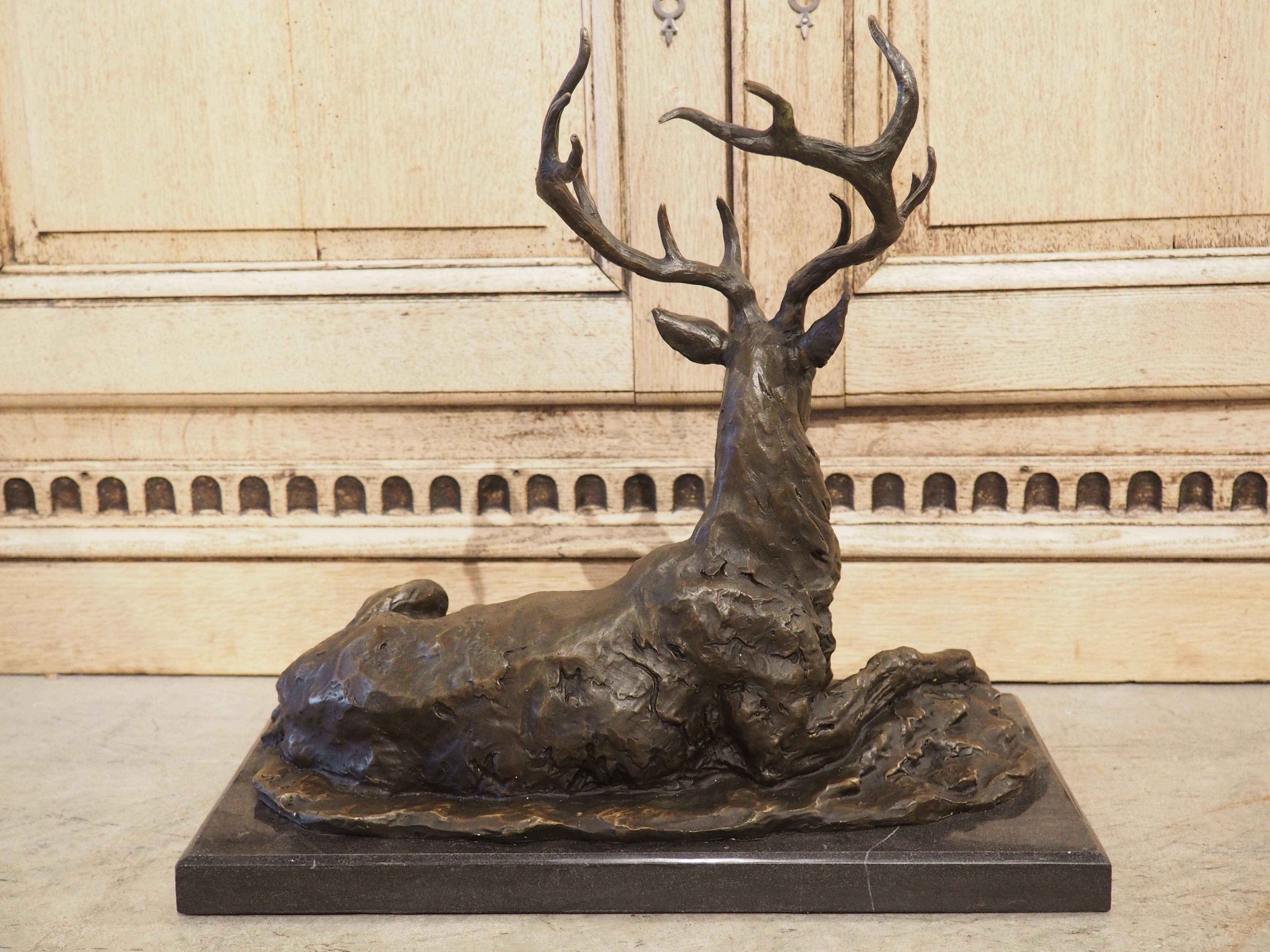 Patinated Cast Bronze Stag Sculpture on Marble Base, 20th Century 8