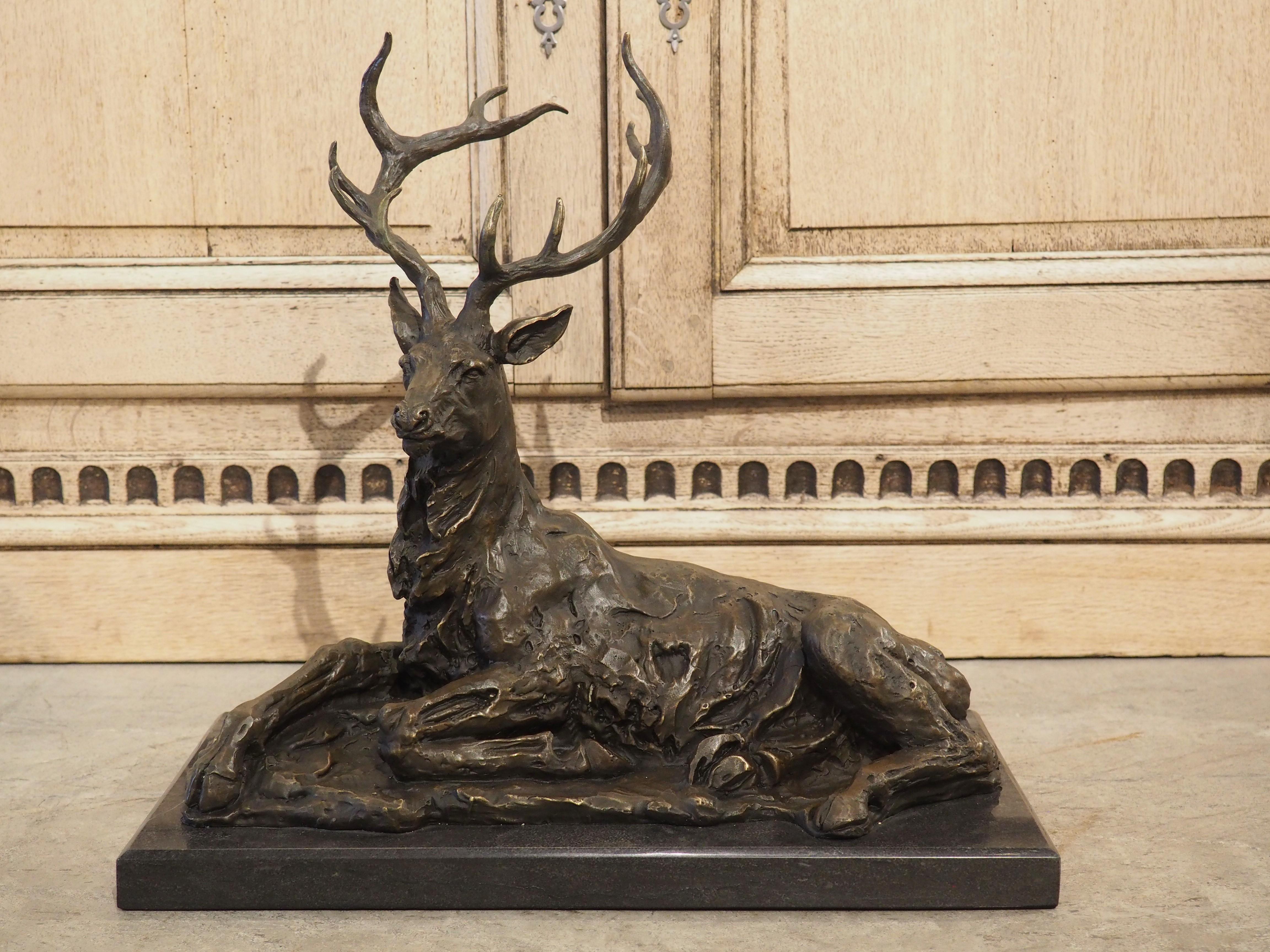 Lost-wax casting is a metalwork technique where a mold is used to produce a finished sculpture. The process has been used for millennia to create art, with the original method using wax molds, hence the name. Our patinated bronze stag sculpture on