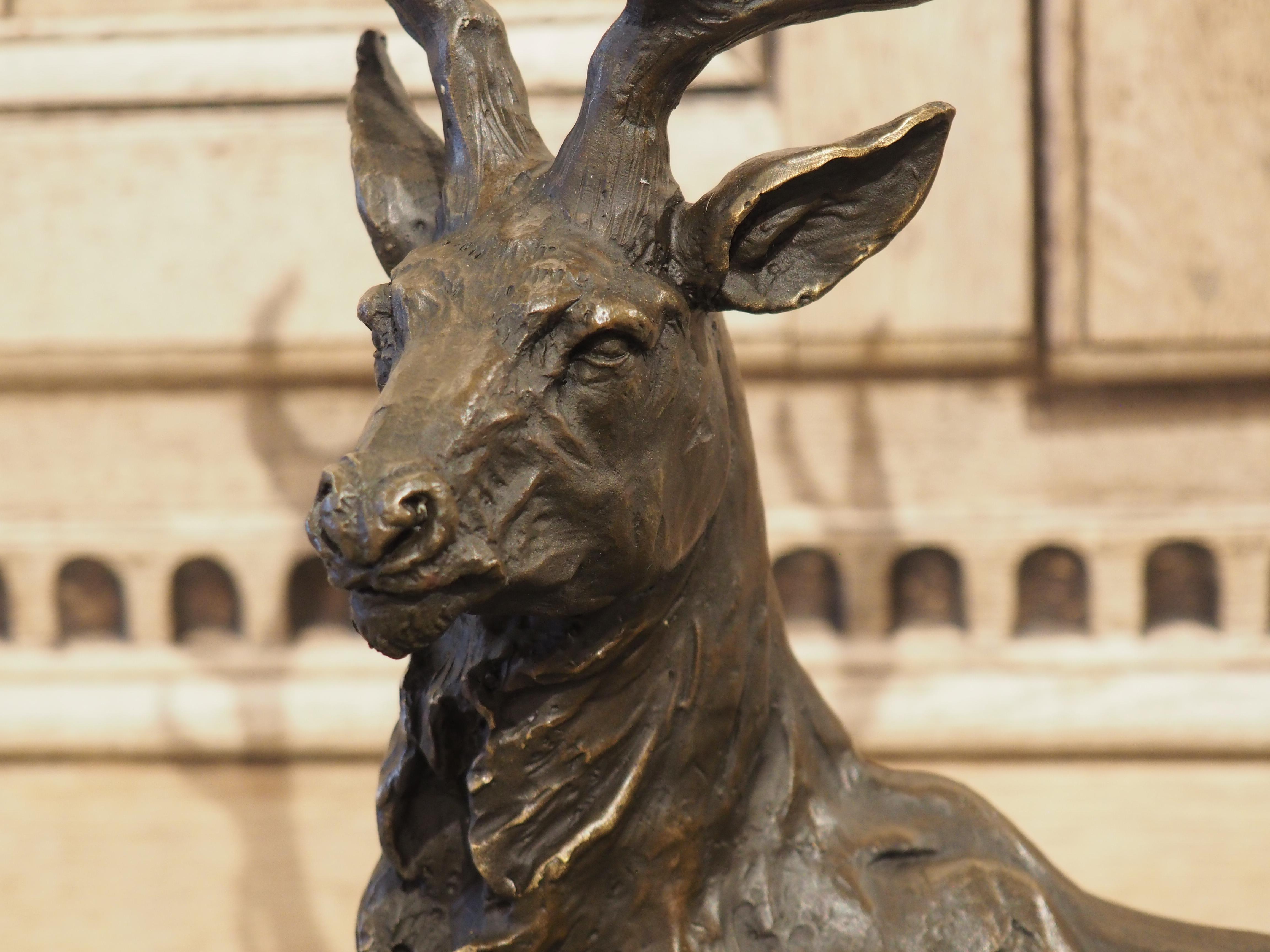 Patinated Cast Bronze Stag Sculpture on Marble Base, 20th Century 1