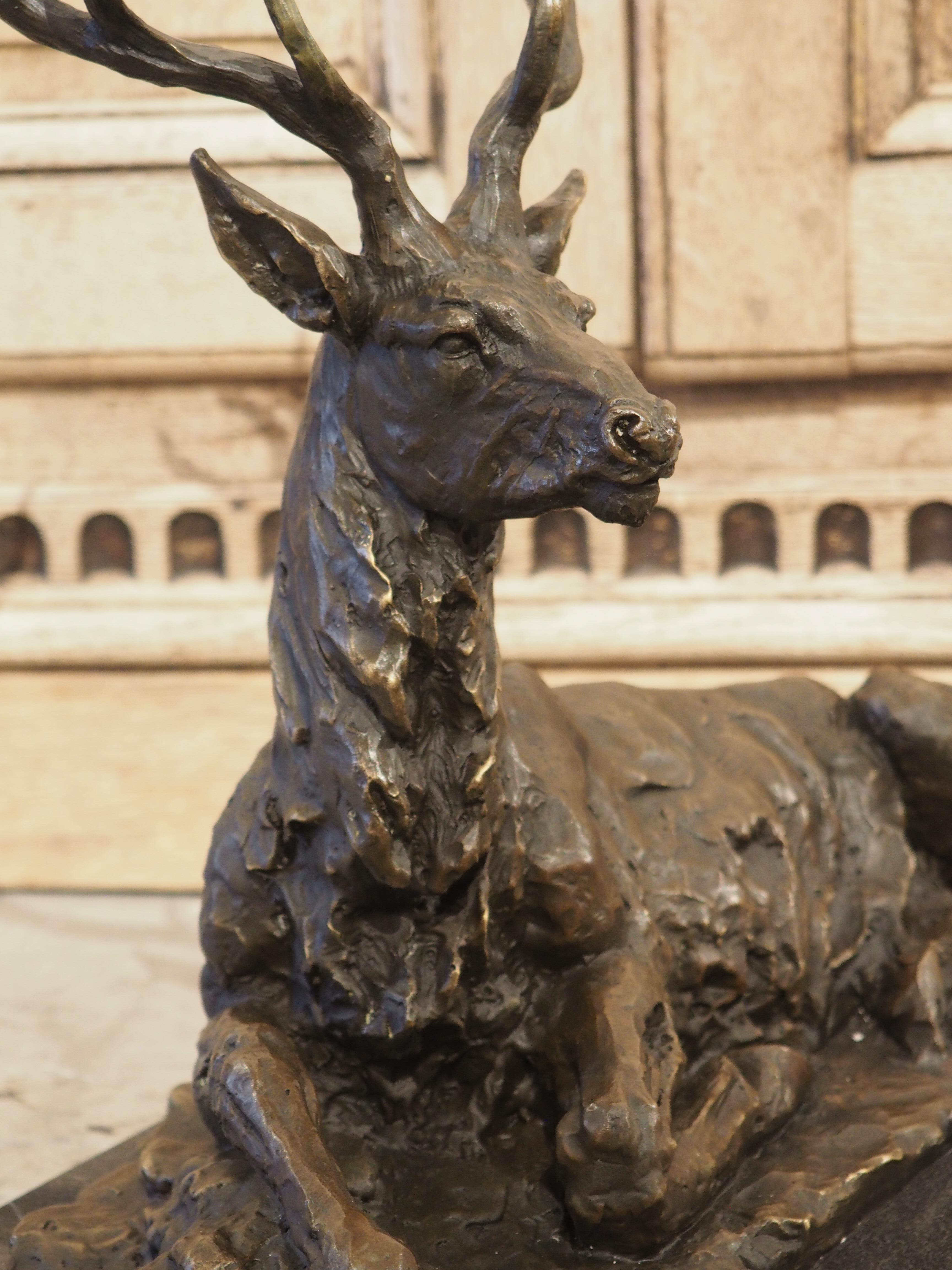 Patinated Cast Bronze Stag Sculpture on Marble Base, 20th Century 5