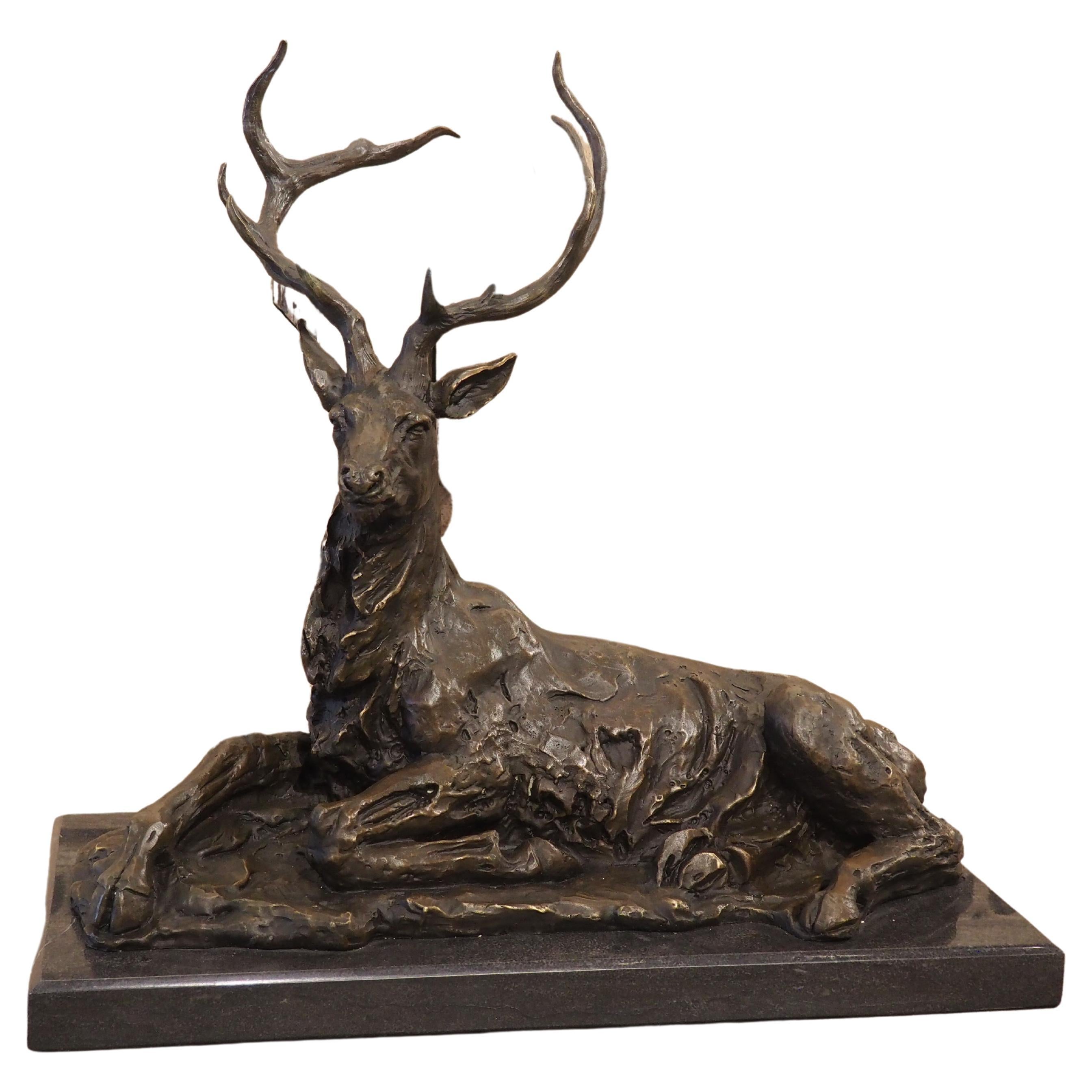 Patinated Cast Bronze Stag Sculpture on Marble Base, 20th Century