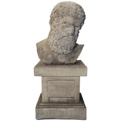 Patinated Cast Stone Bust of Hercules on Short Pedestal Base