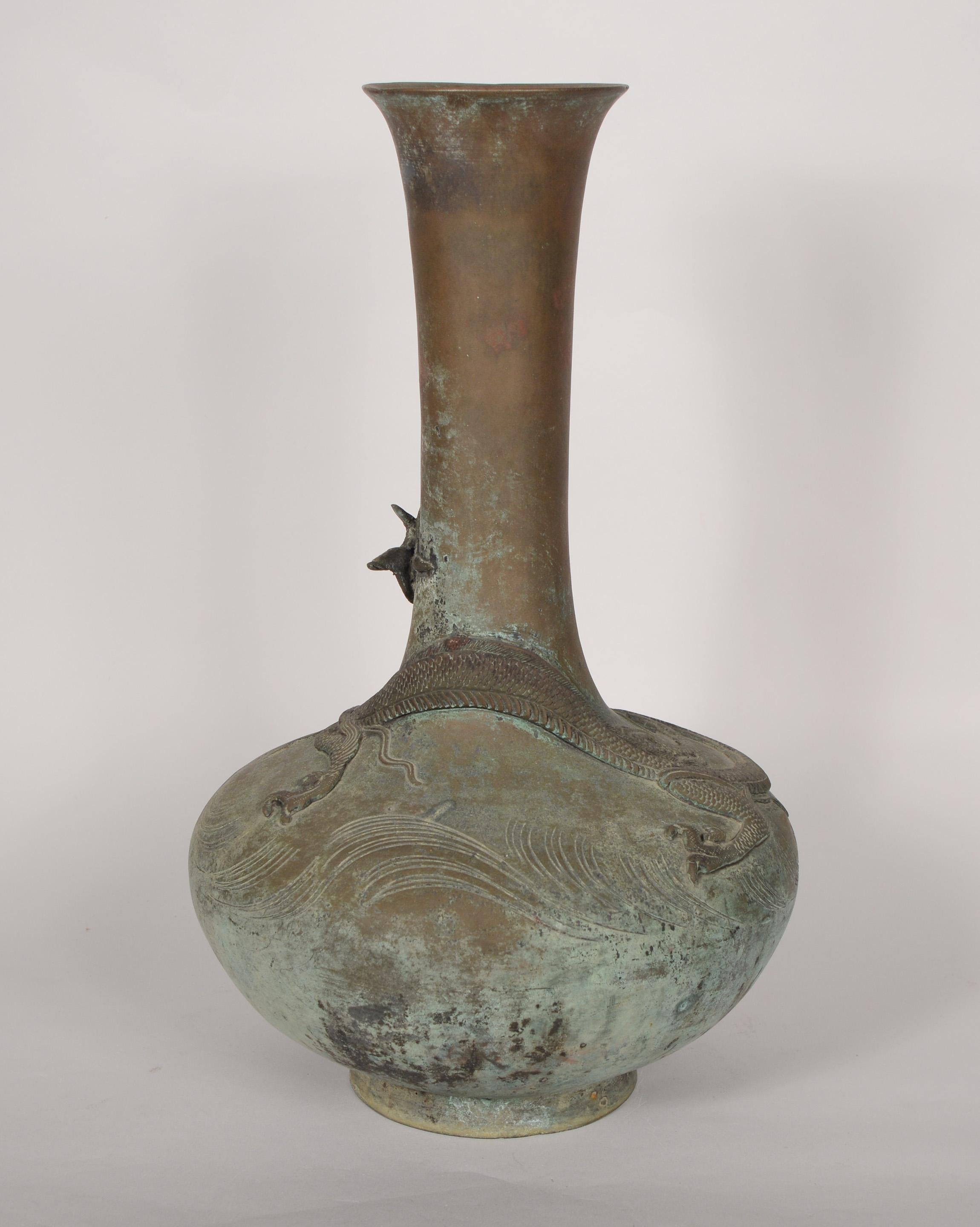 Archaistic Patinated Chinese Bronze Vase with a Dragon