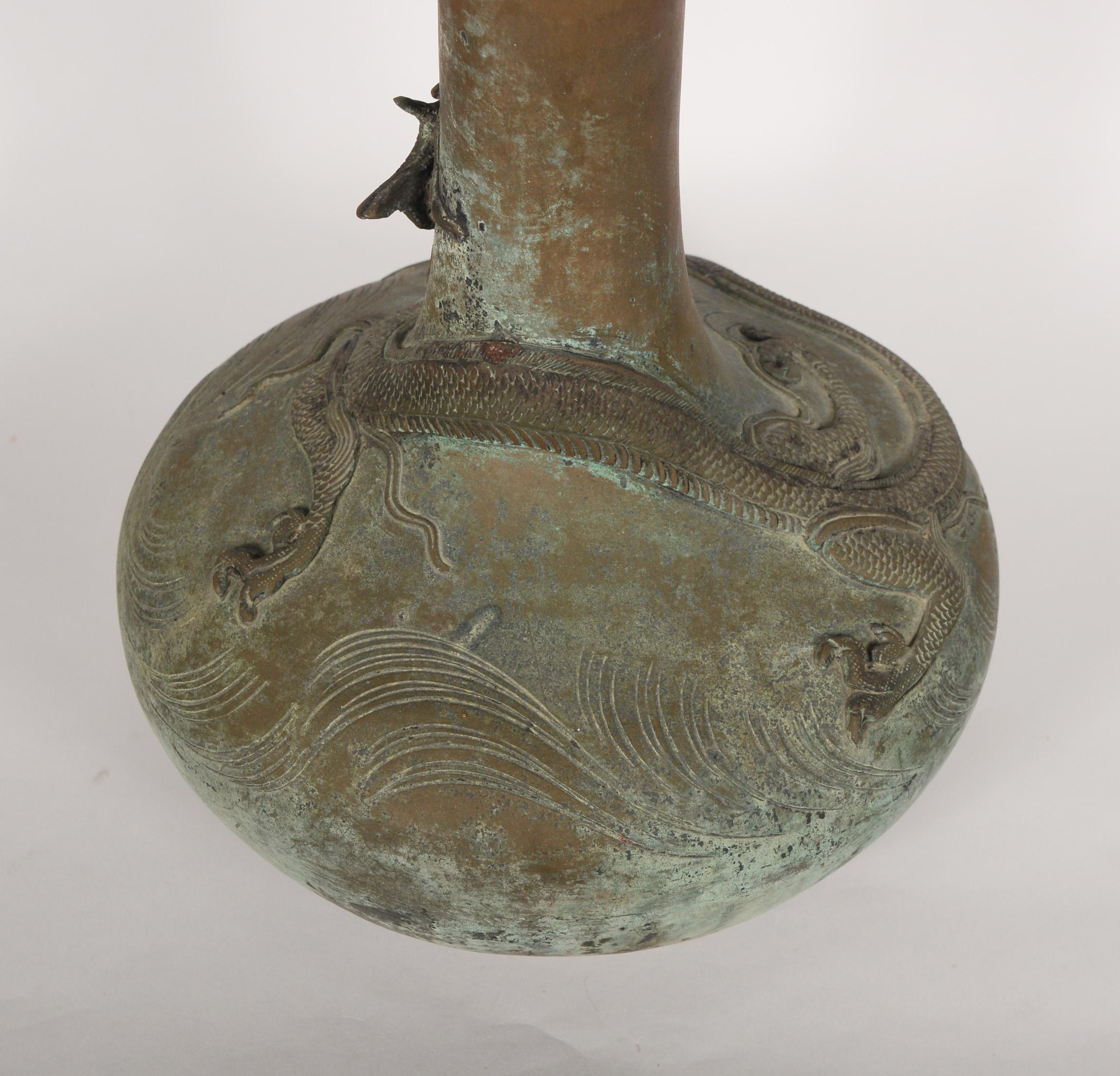 Patinated Chinese Bronze Vase with a Dragon In Good Condition In San Mateo, CA